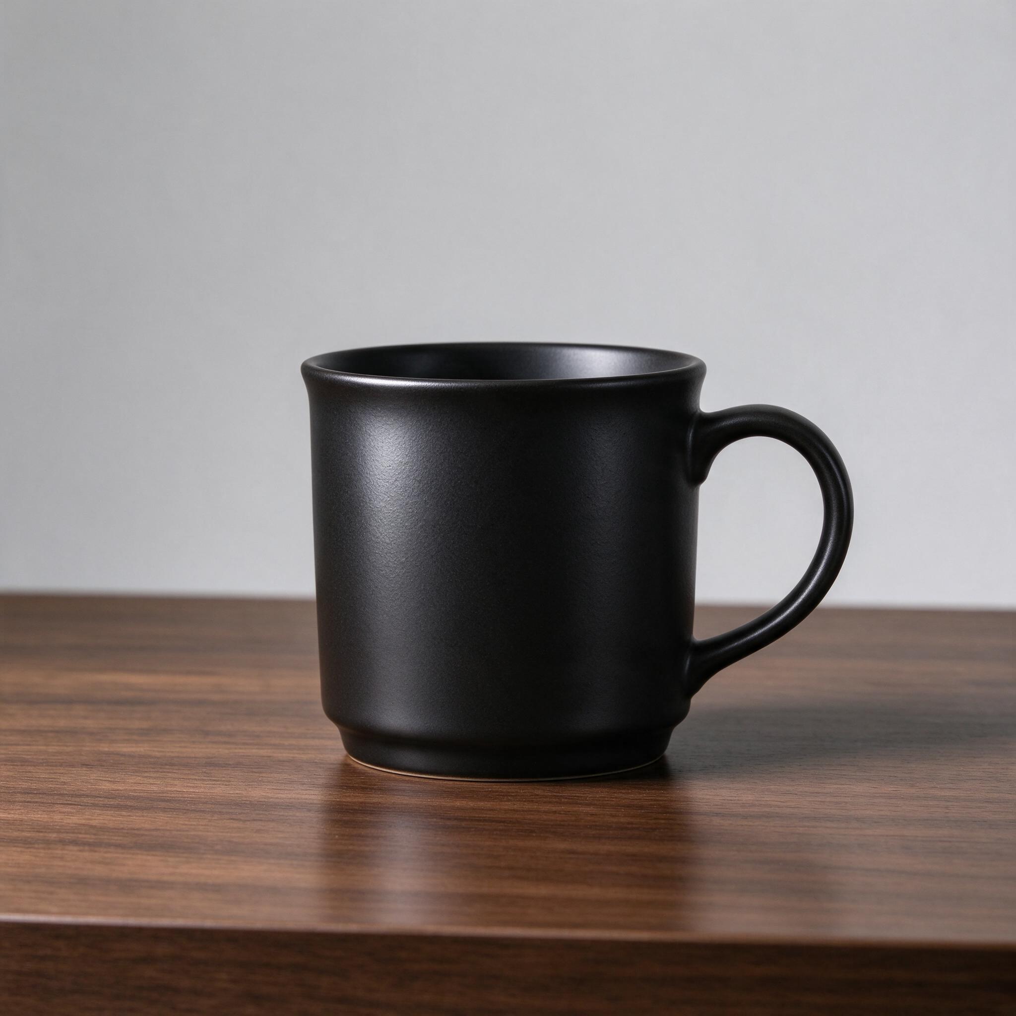 Seedream 5.0 Flash: A matte black ceramic coffee mug on a walnut table, single soft light from the left, minimal studio backdrop, product photography