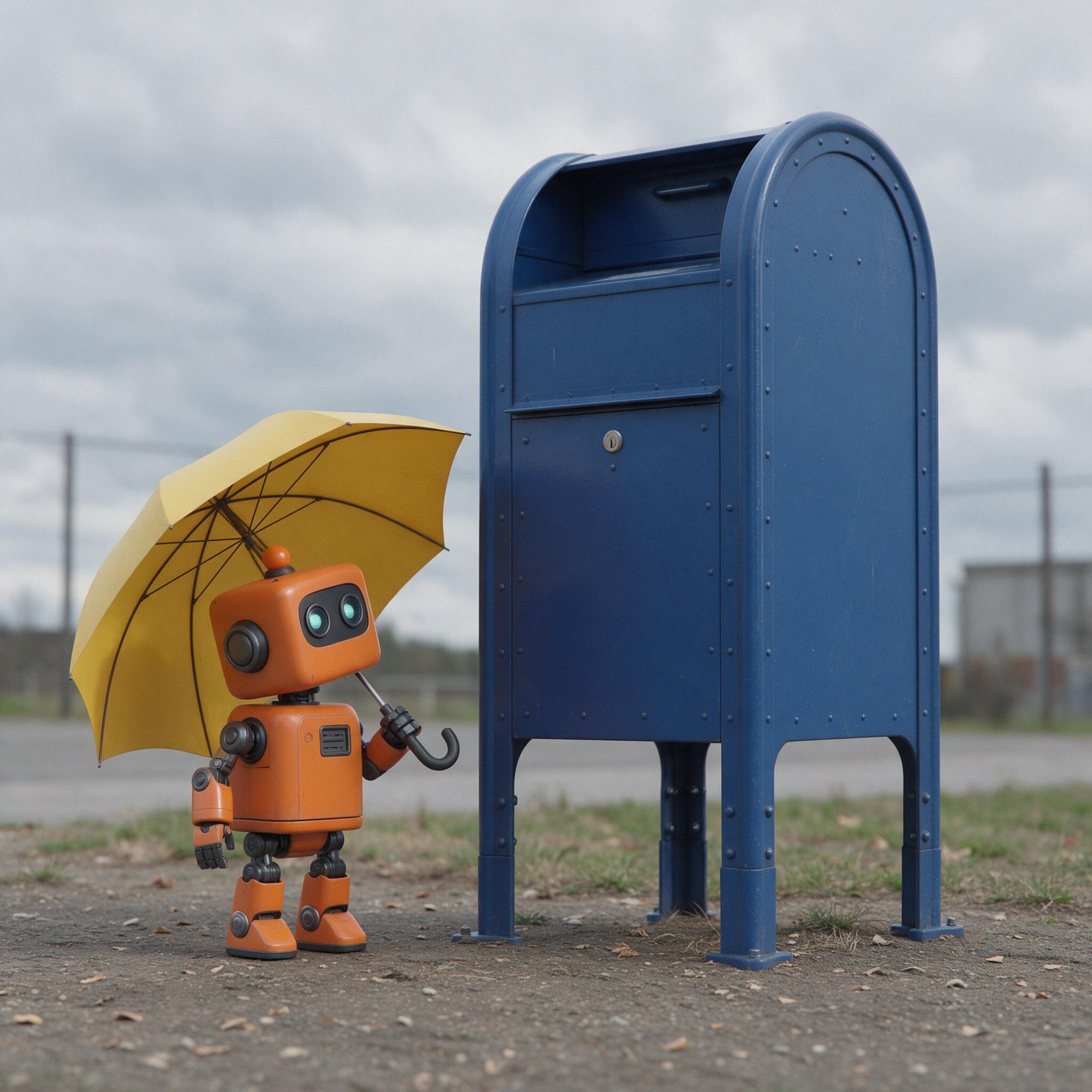 Seedream 5.0 Pro: A small orange robot holding a yellow umbrella standing to the left of a tall blue mailbox, overcast day, photoreal