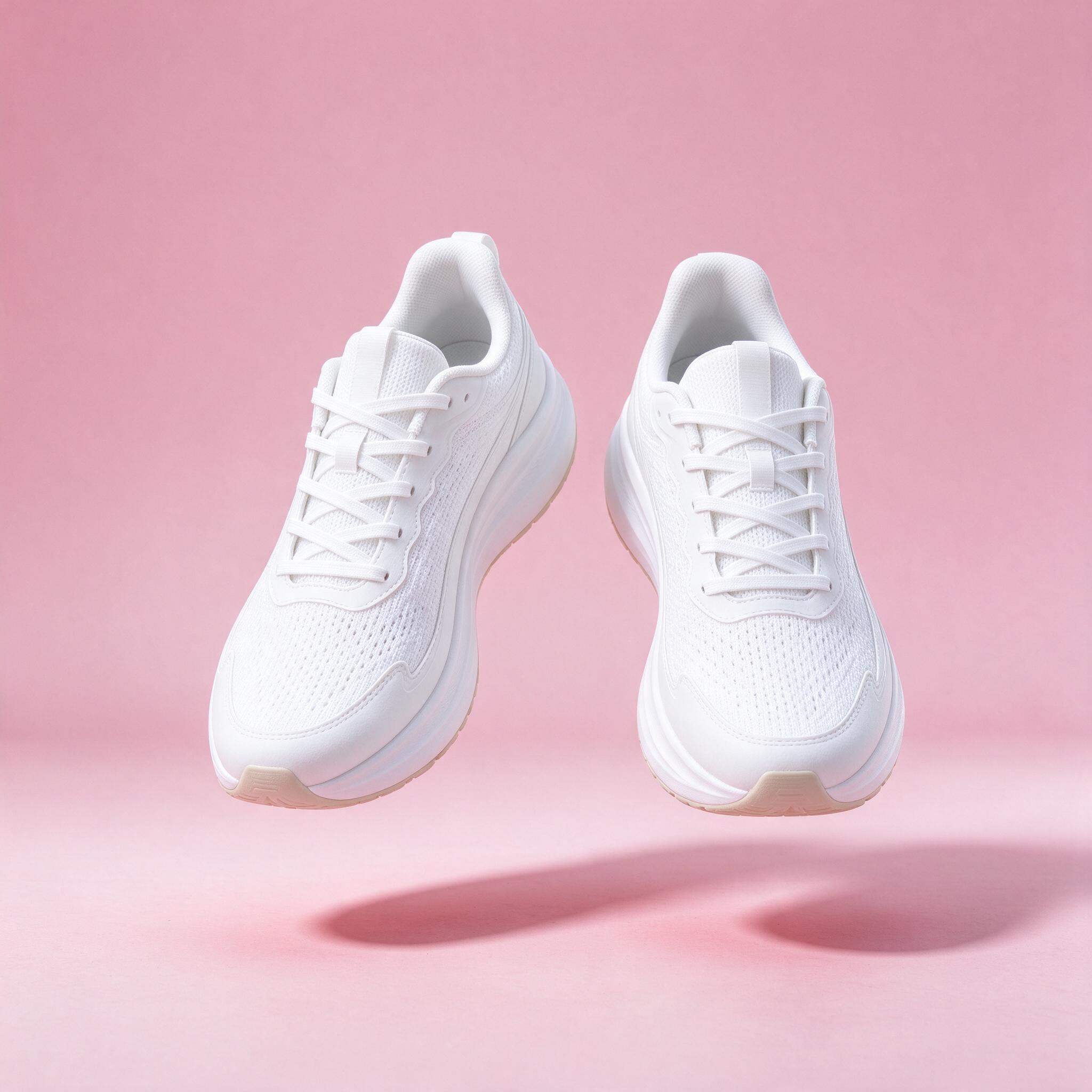 Seedream 5.0 Flash: A pair of white running shoes floating mid-air over a pastel pink background, even studio lighting, catalogue shot