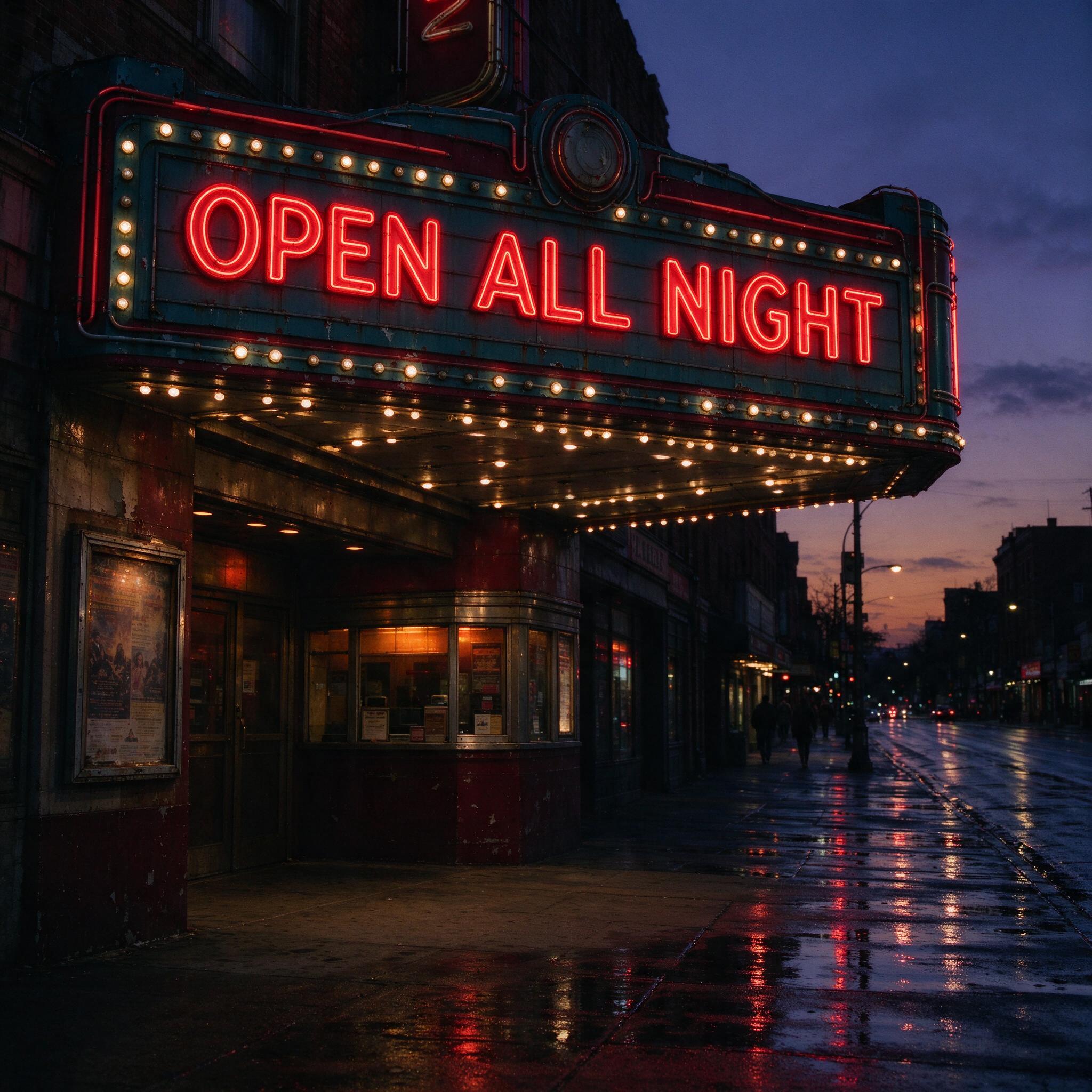 Seedream 5.0 Flash: A vintage cinema marquee at dusk with the words OPEN ALL NIGHT in bold red letters, neon glow, wet street reflections