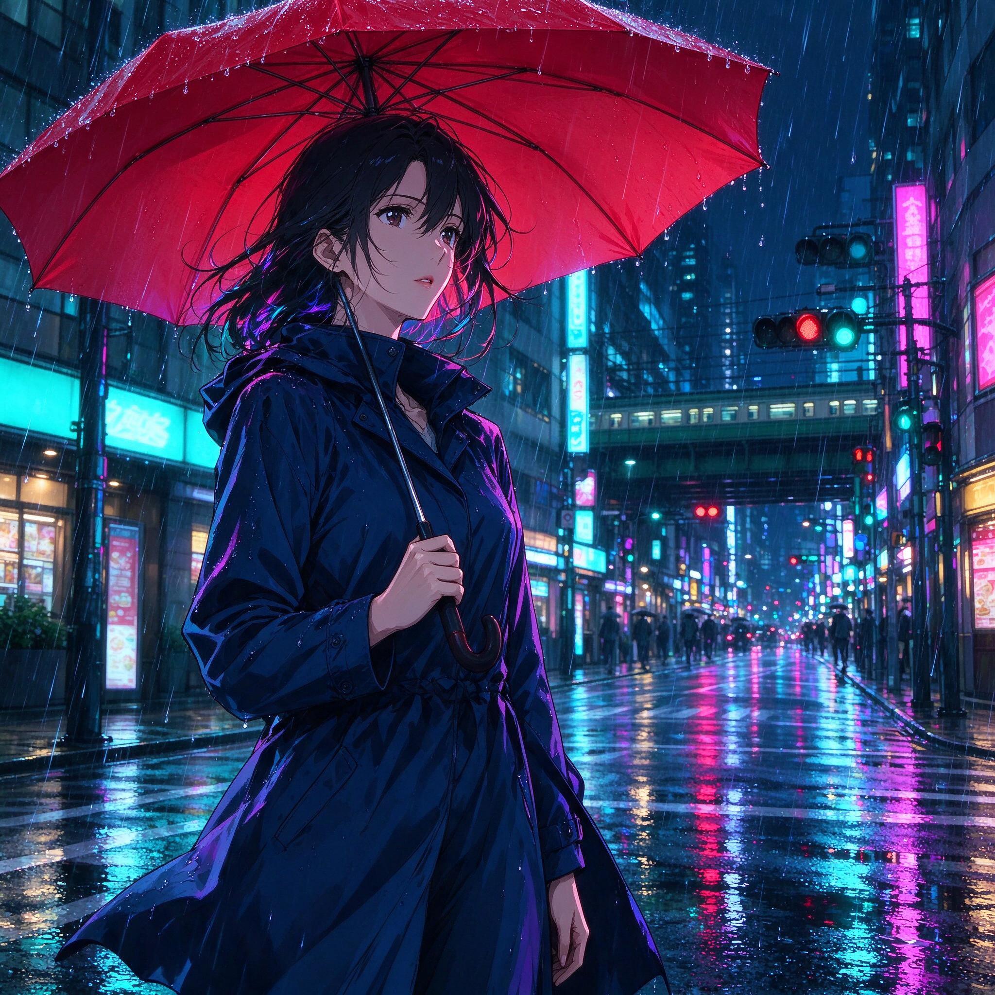 Seedream 5.0 Flash: Anime-style illustration of a young woman with a red umbrella standing on a rainy city street at night, cel shading, vibrant neon reflections