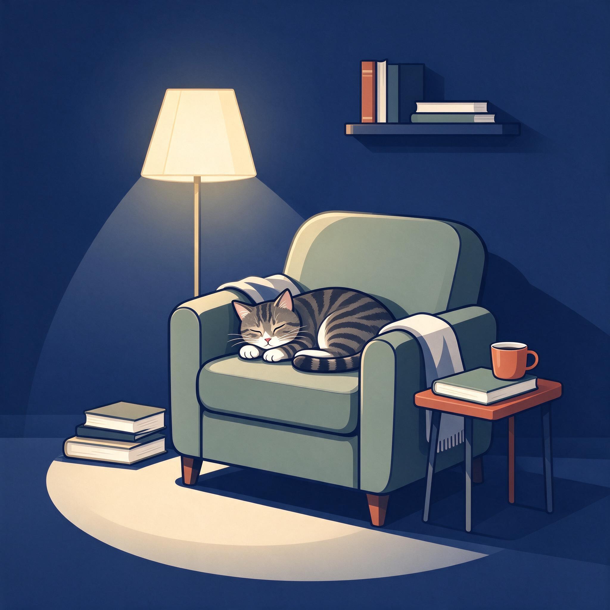 Seedream 5.0 Flash: Flat vector illustration of a cosy reading nook with a cat asleep on an armchair, limited palette of four colours, clean geometric shapes