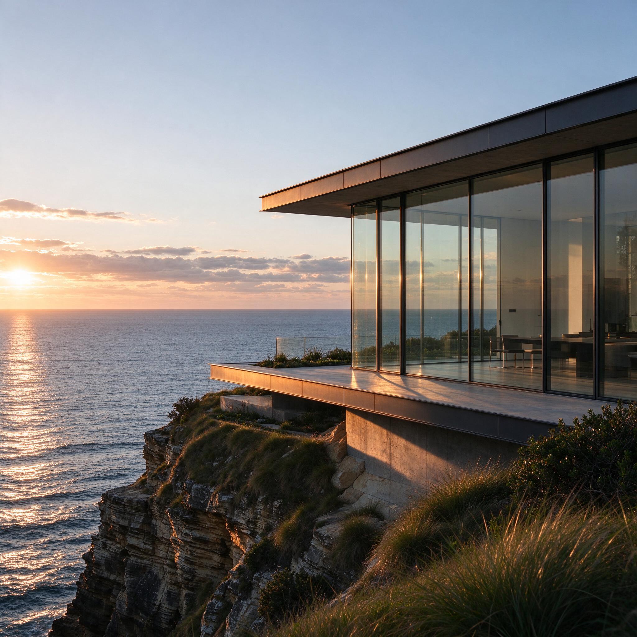 Seedream 5.0 Flash: A modern glass house on a cliff at golden hour, long shadows, calm ocean below, architectural photography