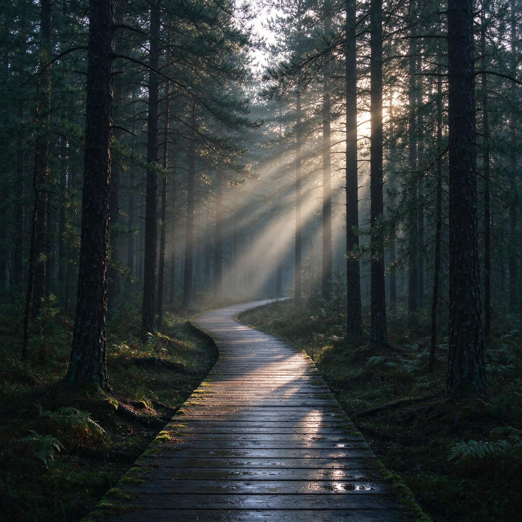 Seedream 5.0 Flash: Misty pine forest at dawn with rays of light through the trees and a narrow wooden boardwalk, wide angle