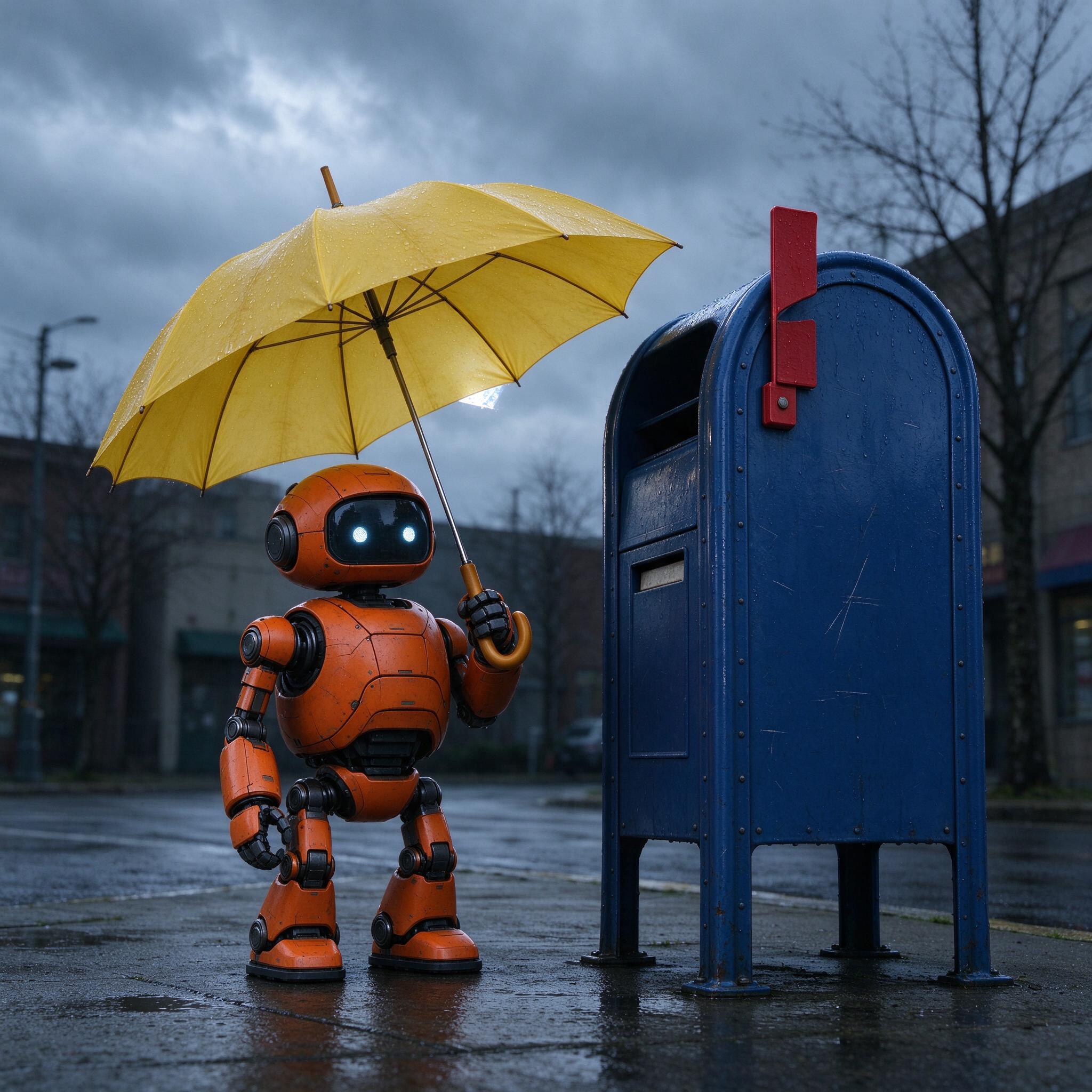 Seedream 5.0 Flash: A small orange robot holding a yellow umbrella standing to the left of a tall blue mailbox, overcast day, photoreal