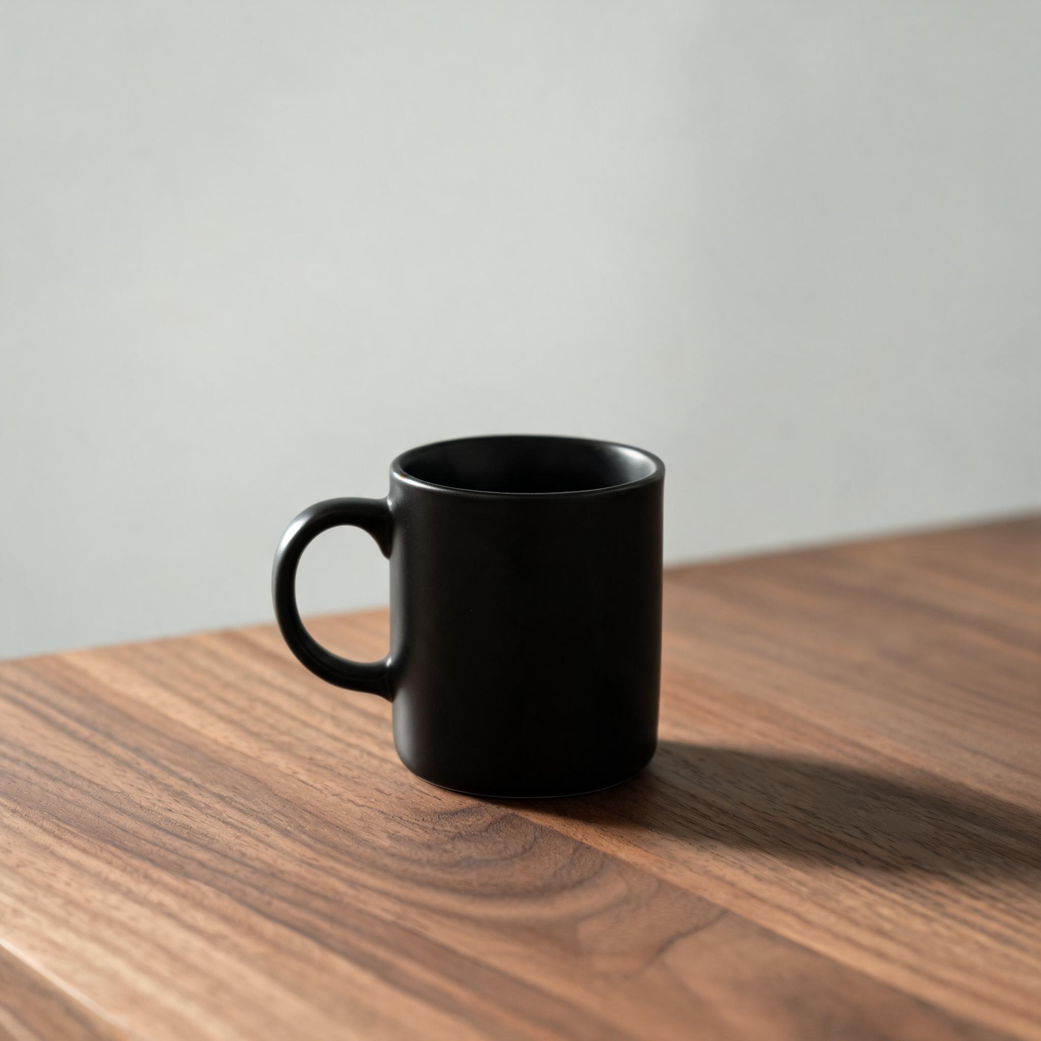Seedream 5.0: A matte black ceramic coffee mug on a walnut table, single soft light from the left, minimal studio backdrop, product photography