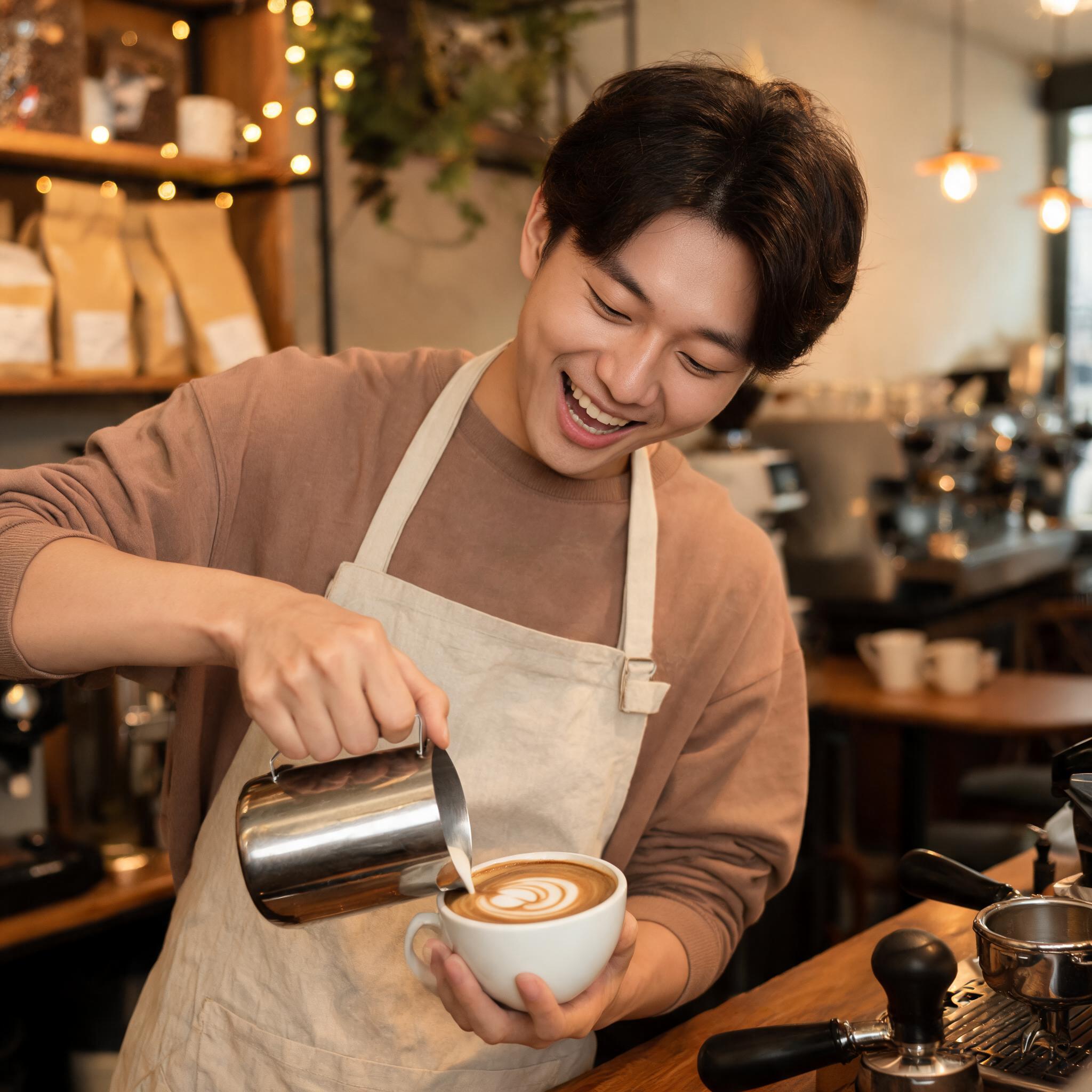 Seedream 5.0: A barista in a linen apron laughing while pouring latte art, warm cafe interior, shallow depth of field, candid editorial style