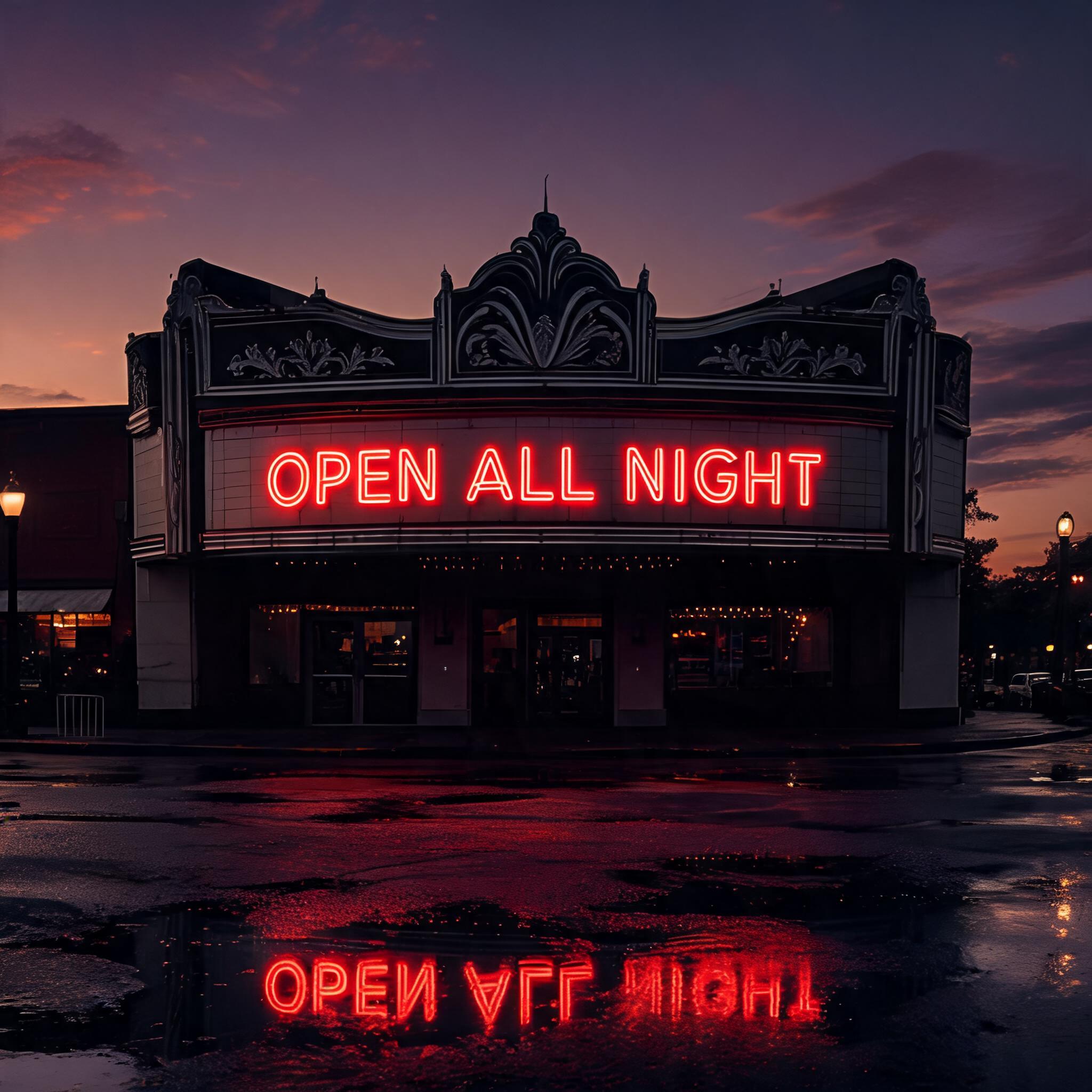 Seedream 5.0: A vintage cinema marquee at dusk with the words OPEN ALL NIGHT in bold red letters, neon glow, wet street reflections
