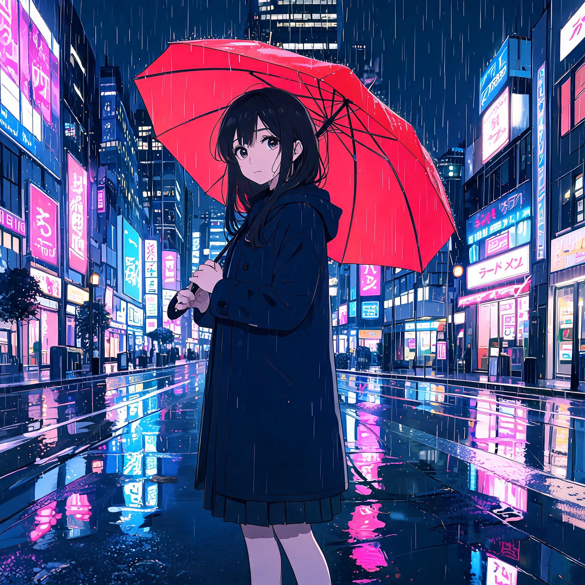 Seedream 5.0: Anime-style illustration of a young woman with a red umbrella standing on a rainy city street at night, cel shading, vibrant neon reflections