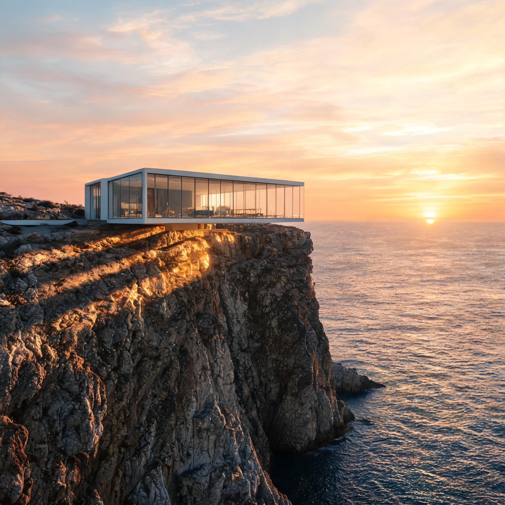 Seedream 5.0: A modern glass house on a cliff at golden hour, long shadows, calm ocean below, architectural photography