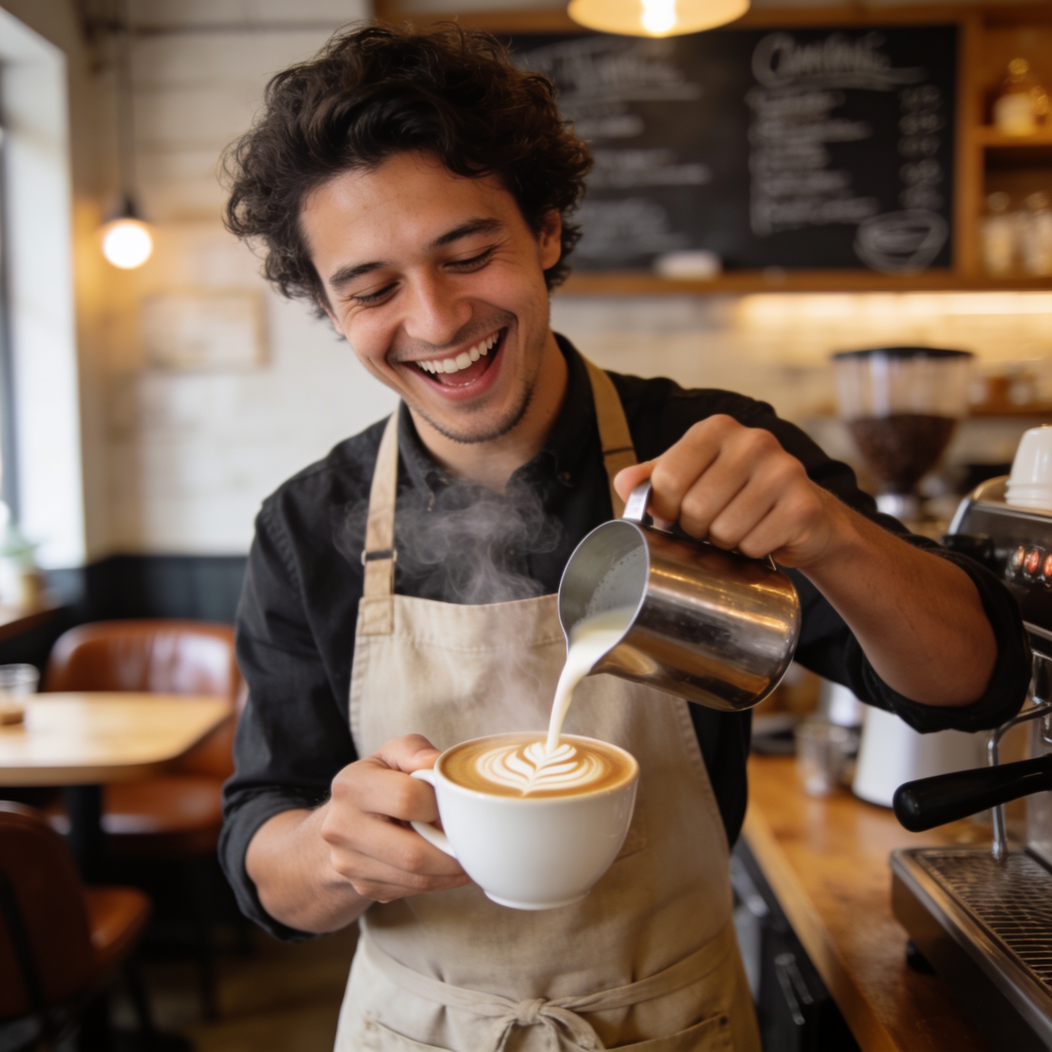 Seedream 4.5: A barista in a linen apron laughing while pouring latte art, warm cafe interior, shallow depth of field, candid editorial style