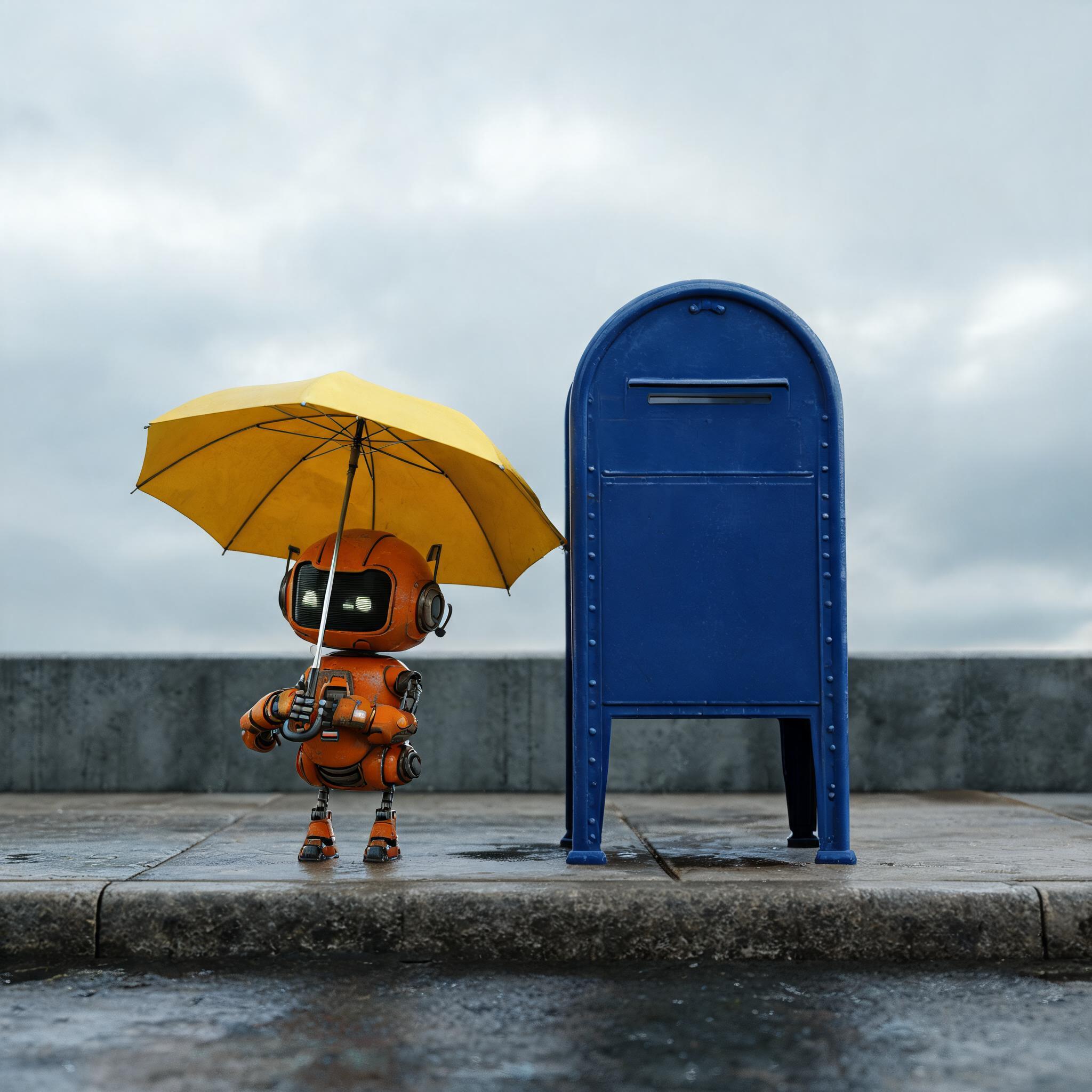 Seedream 5.0: A small orange robot holding a yellow umbrella standing to the left of a tall blue mailbox, overcast day, photoreal