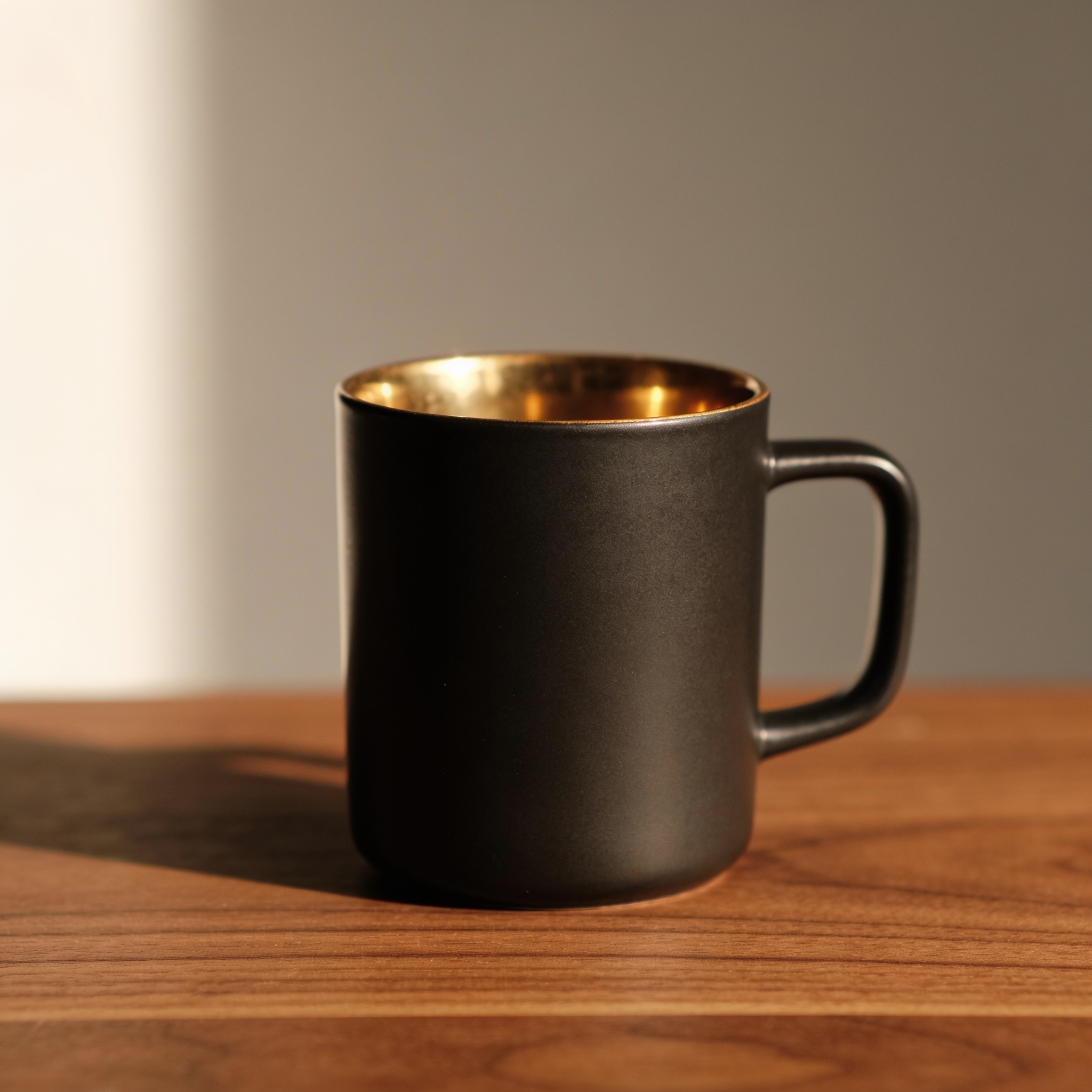 Seedream 4.5: A matte black ceramic coffee mug on a walnut table, single soft light from the left, minimal studio backdrop, product photography