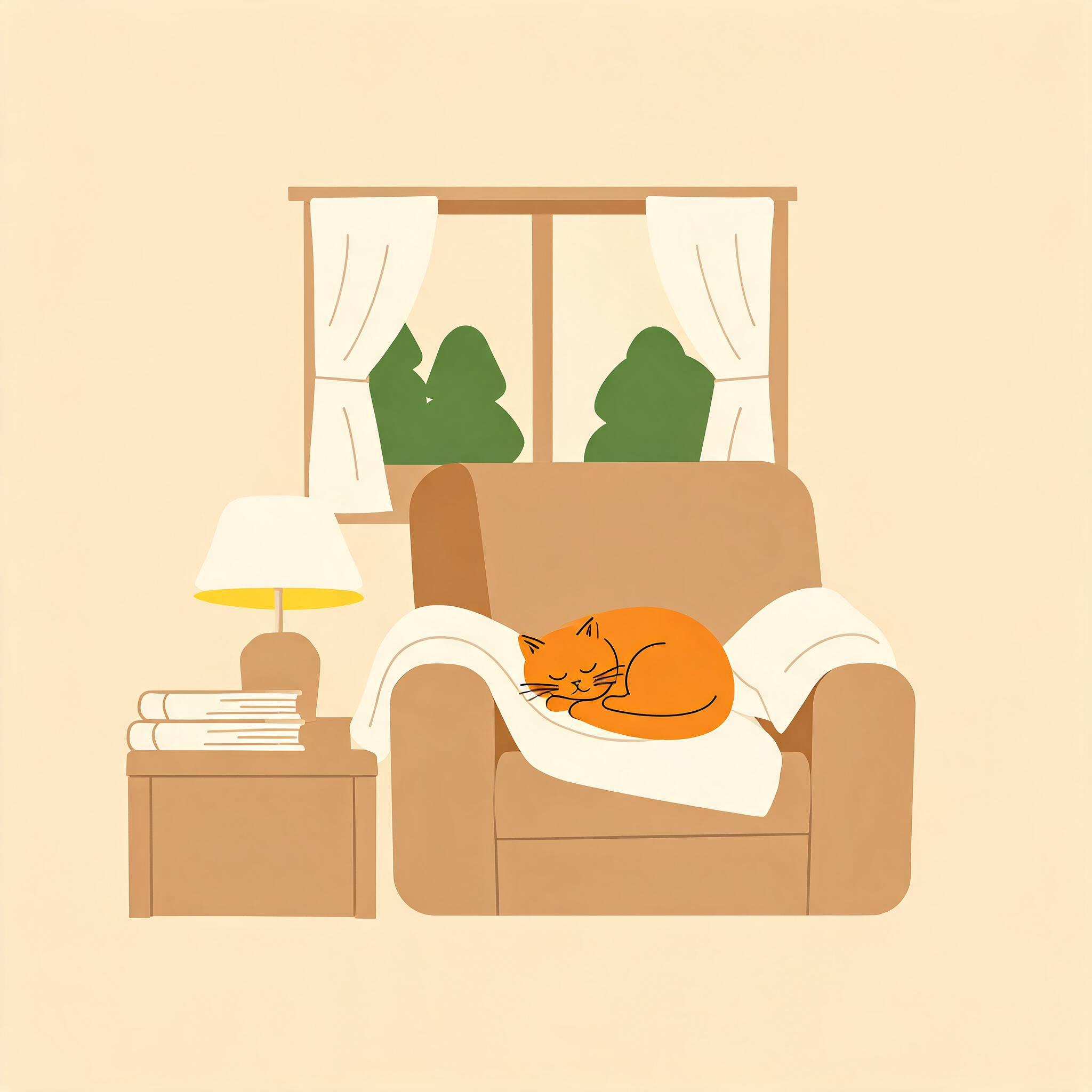 Seedream 5.0: Flat vector illustration of a cosy reading nook with a cat asleep on an armchair, limited palette of four colours, clean geometric shapes