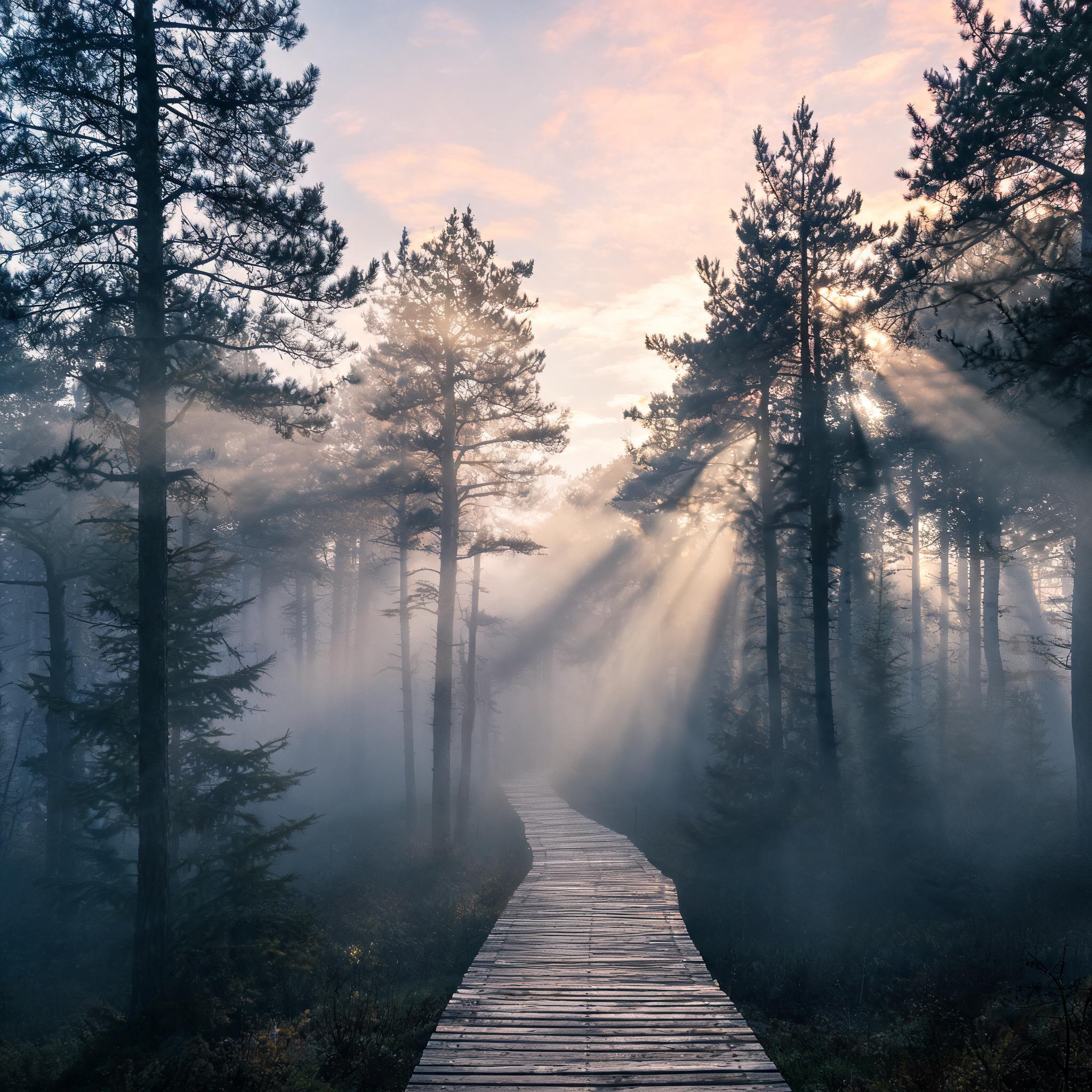 Seedream 5.0: Misty pine forest at dawn with rays of light through the trees and a narrow wooden boardwalk, wide angle