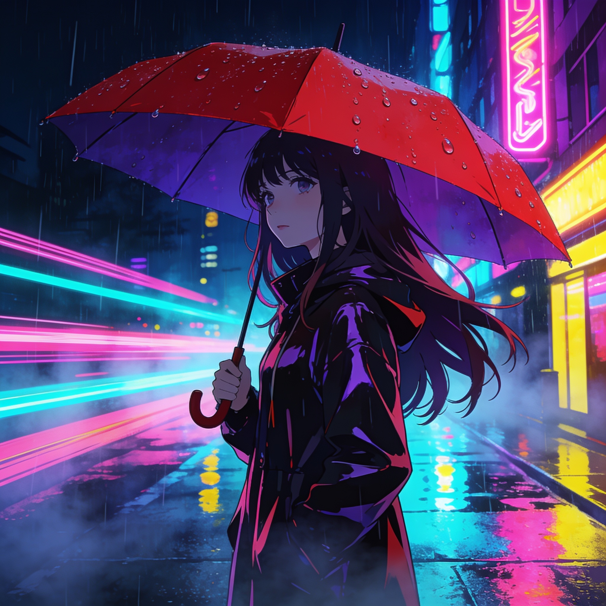 Seedream 4.5: Anime-style illustration of a young woman with a red umbrella standing on a rainy city street at night, cel shading, vibrant neon reflections