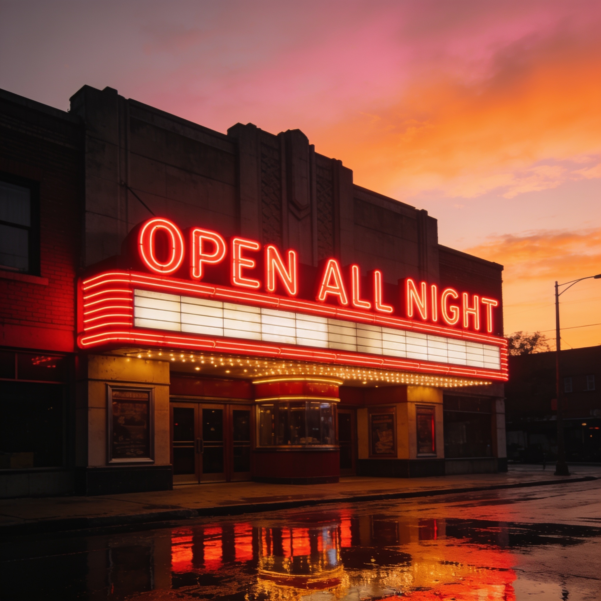 Seedream 4.5: A vintage cinema marquee at dusk with the words OPEN ALL NIGHT in bold red letters, neon glow, wet street reflections