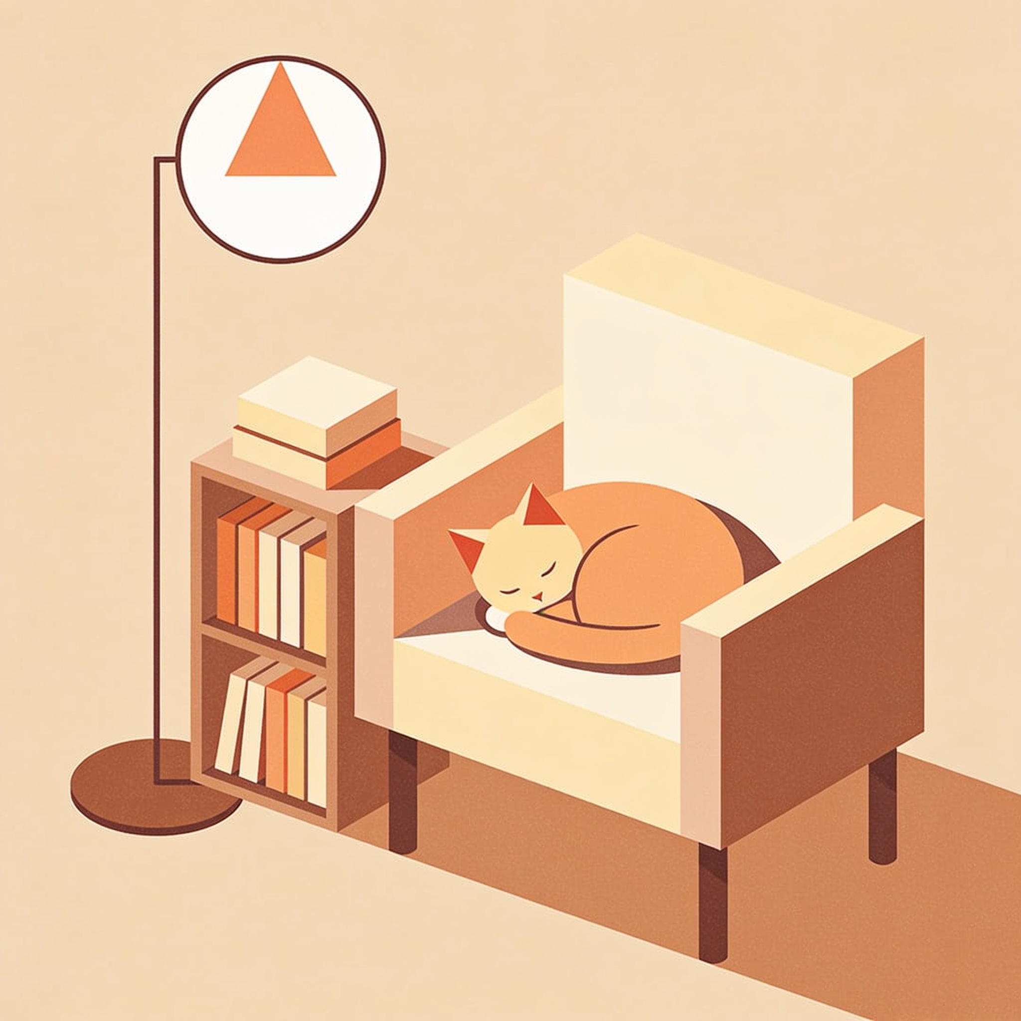 Seedream 4.5: Flat vector illustration of a cosy reading nook with a cat asleep on an armchair, limited palette of four colours, clean geometric shapes