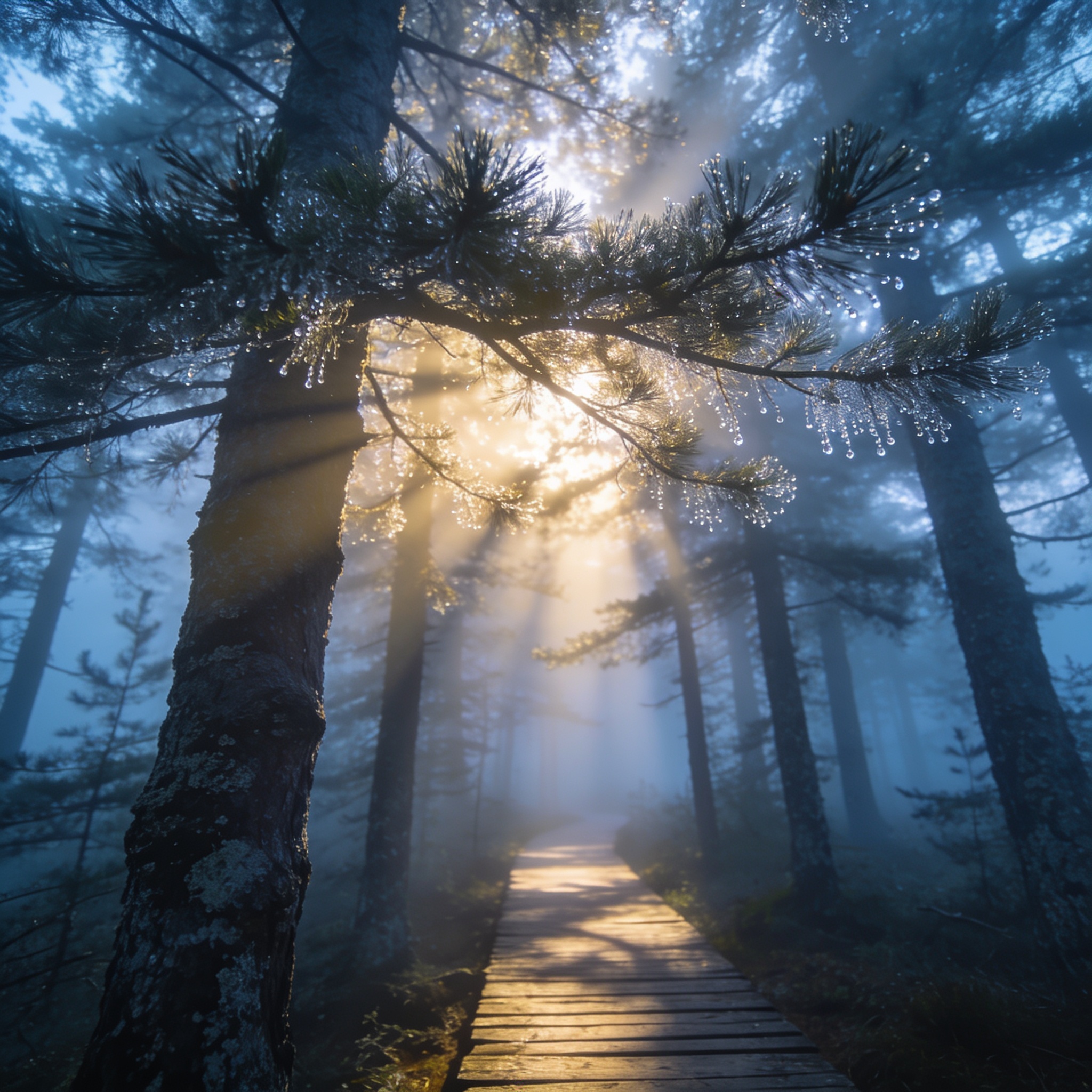Seedream 4.5: Misty pine forest at dawn with rays of light through the trees and a narrow wooden boardwalk, wide angle