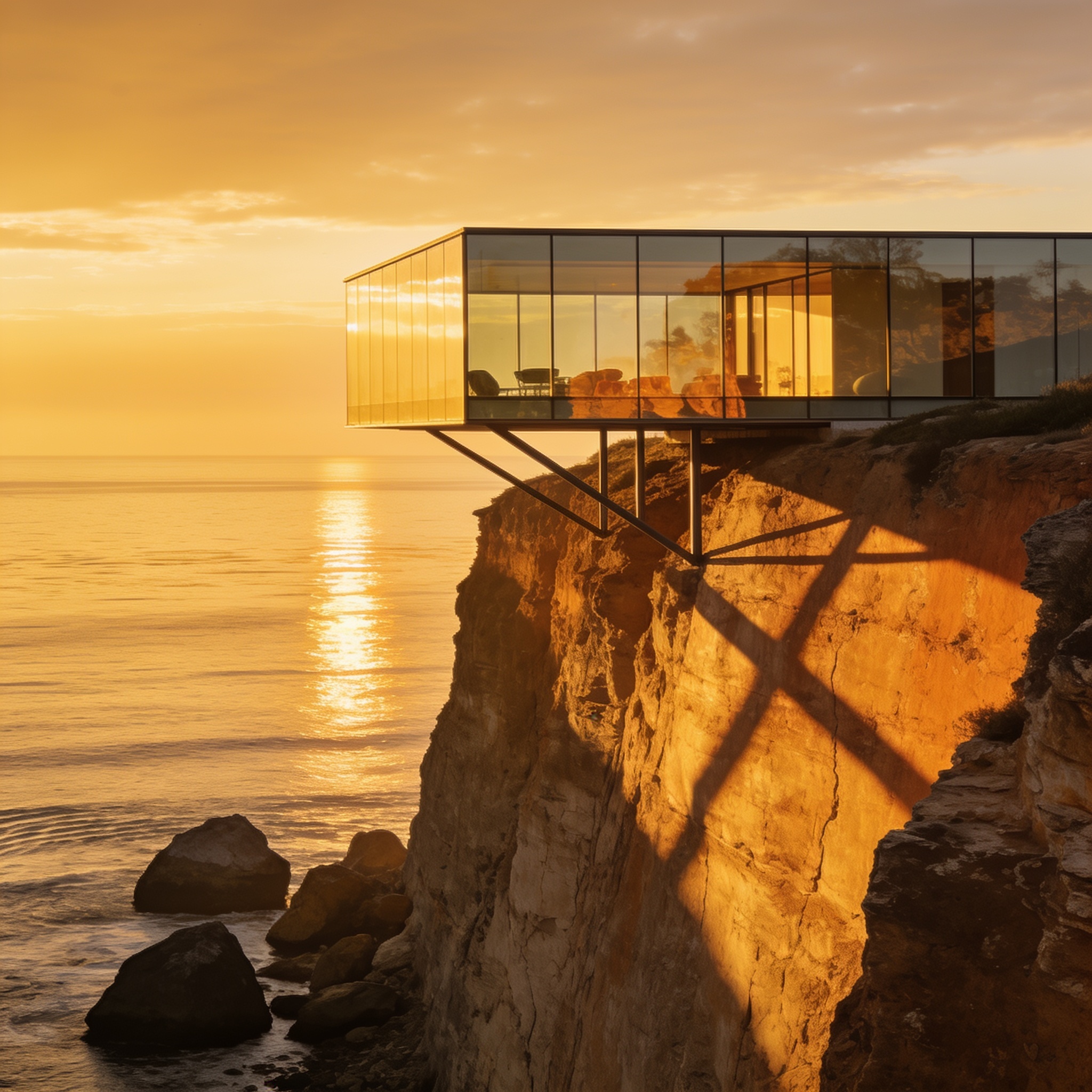 Seedream 4.5: A modern glass house on a cliff at golden hour, long shadows, calm ocean below, architectural photography