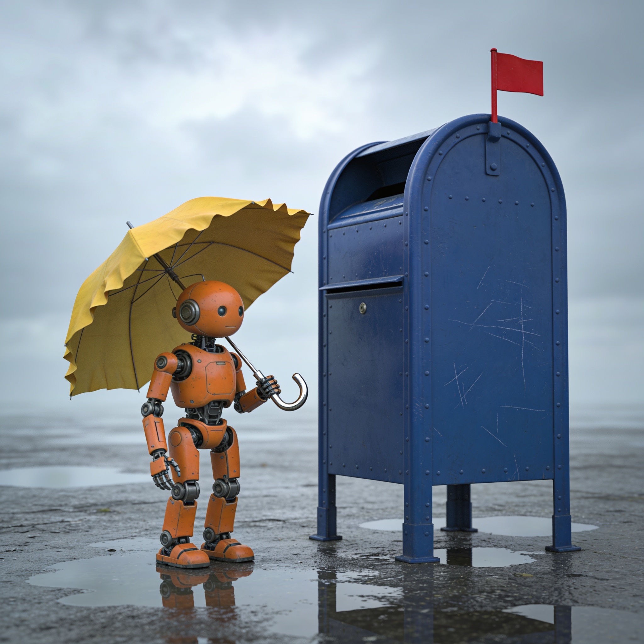 Seedream 4.5: A small orange robot holding a yellow umbrella standing to the left of a tall blue mailbox, overcast day, photoreal