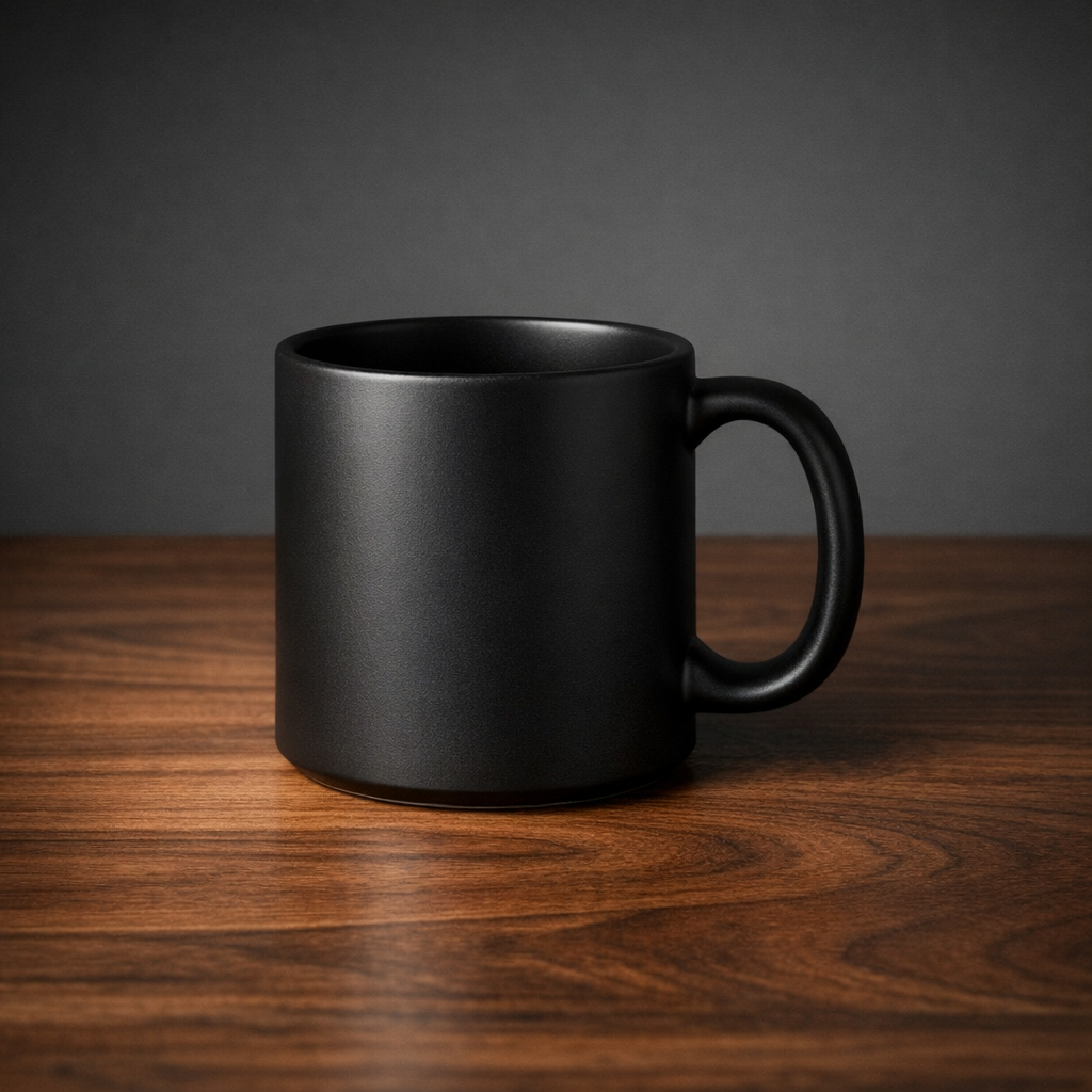 GPT-Image 1.5: A matte black ceramic coffee mug on a walnut table, single soft light from the left, minimal studio backdrop, product photography