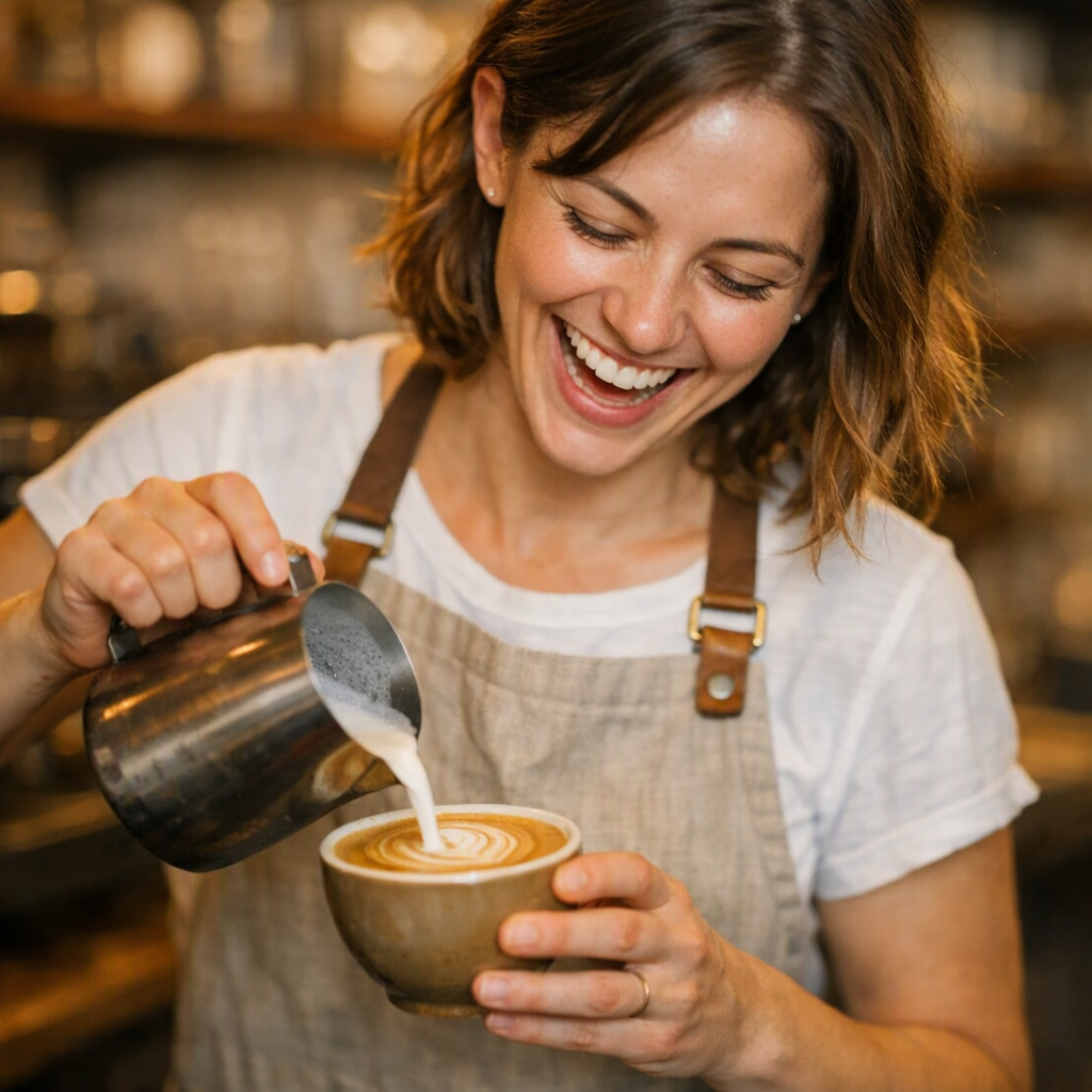 GPT-Image 1.5: A barista in a linen apron laughing while pouring latte art, warm cafe interior, shallow depth of field, candid editorial style