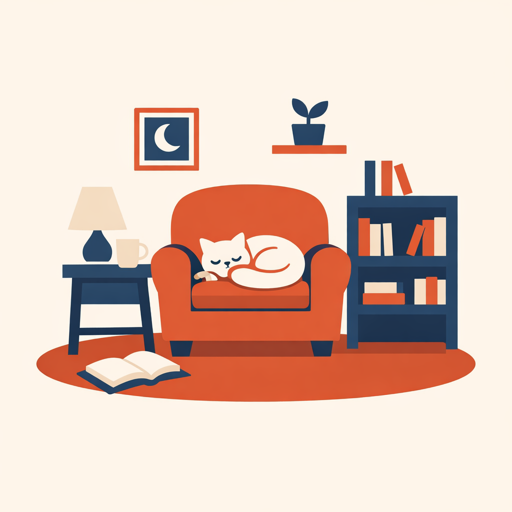 GPT-Image 1.5: Flat vector illustration of a cosy reading nook with a cat asleep on an armchair, limited palette of four colours, clean geometric shapes