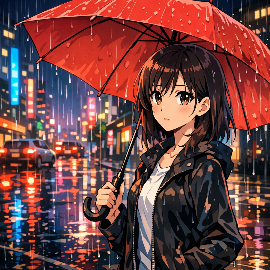 GPT-Image 1.5: Anime-style illustration of a young woman with a red umbrella standing on a rainy city street at night, cel shading, vibrant neon reflections