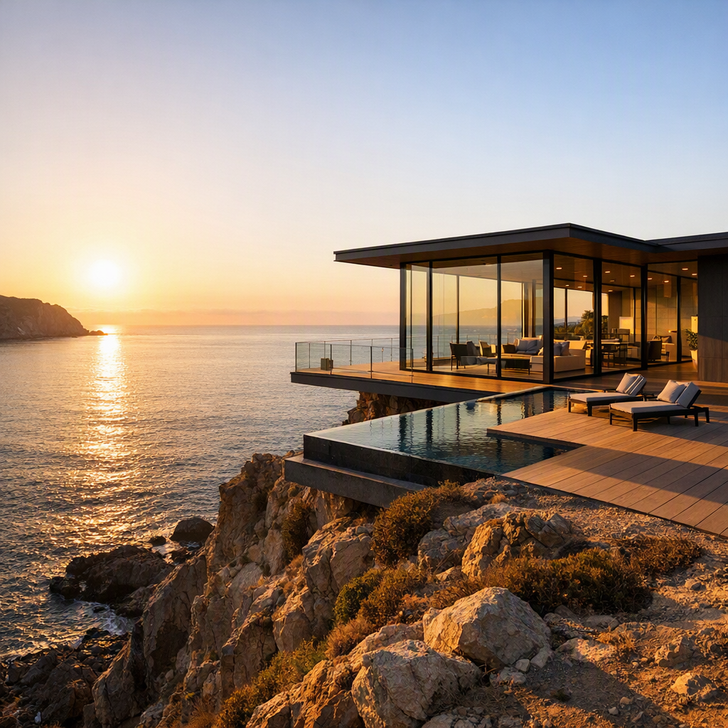 GPT-Image 1.5: A modern glass house on a cliff at golden hour, long shadows, calm ocean below, architectural photography