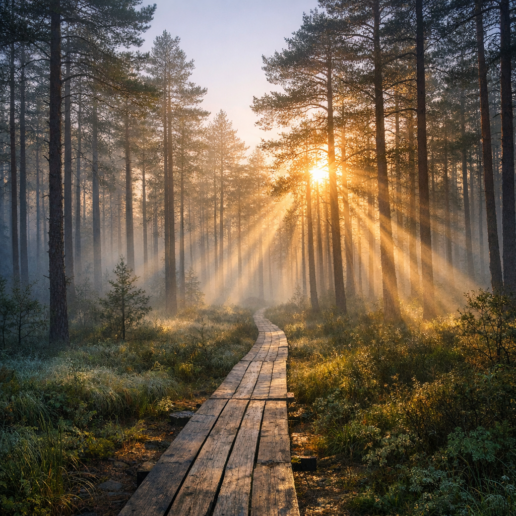 GPT-Image 1.5: Misty pine forest at dawn with rays of light through the trees and a narrow wooden boardwalk, wide angle