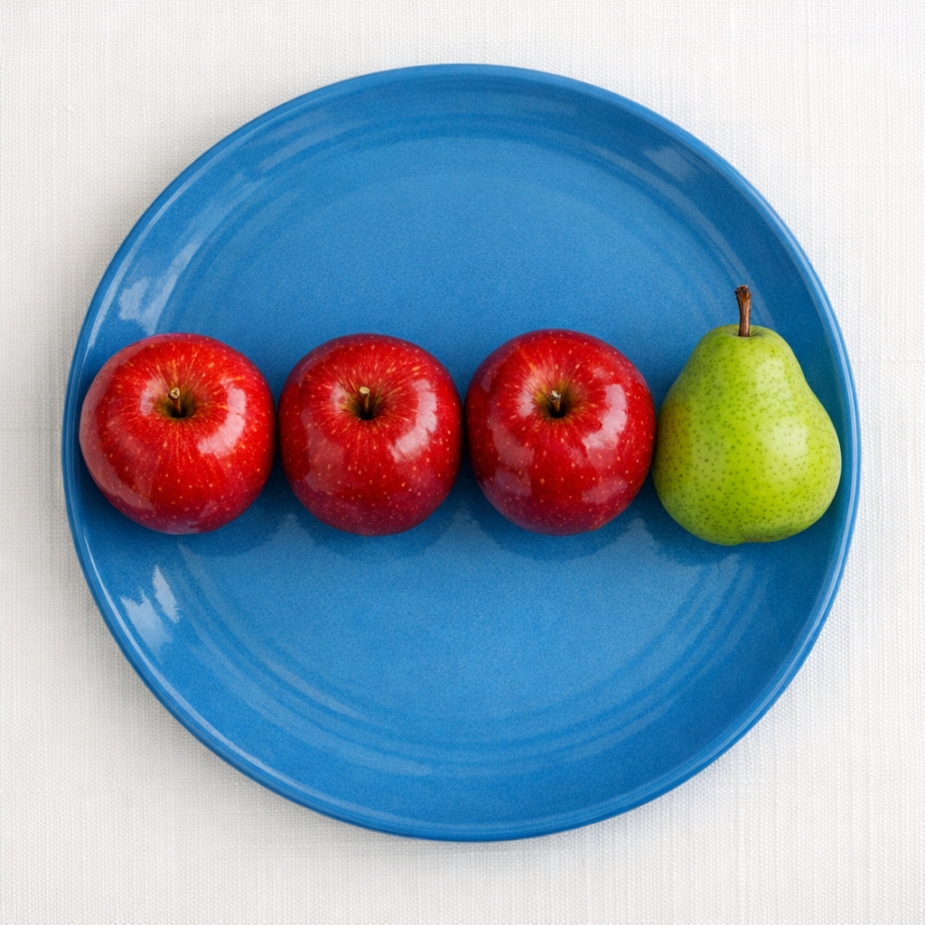 GPT-Image 1.5: Three red apples and one green pear arranged in a single row on a blue plate, top-down view, white tablecloth