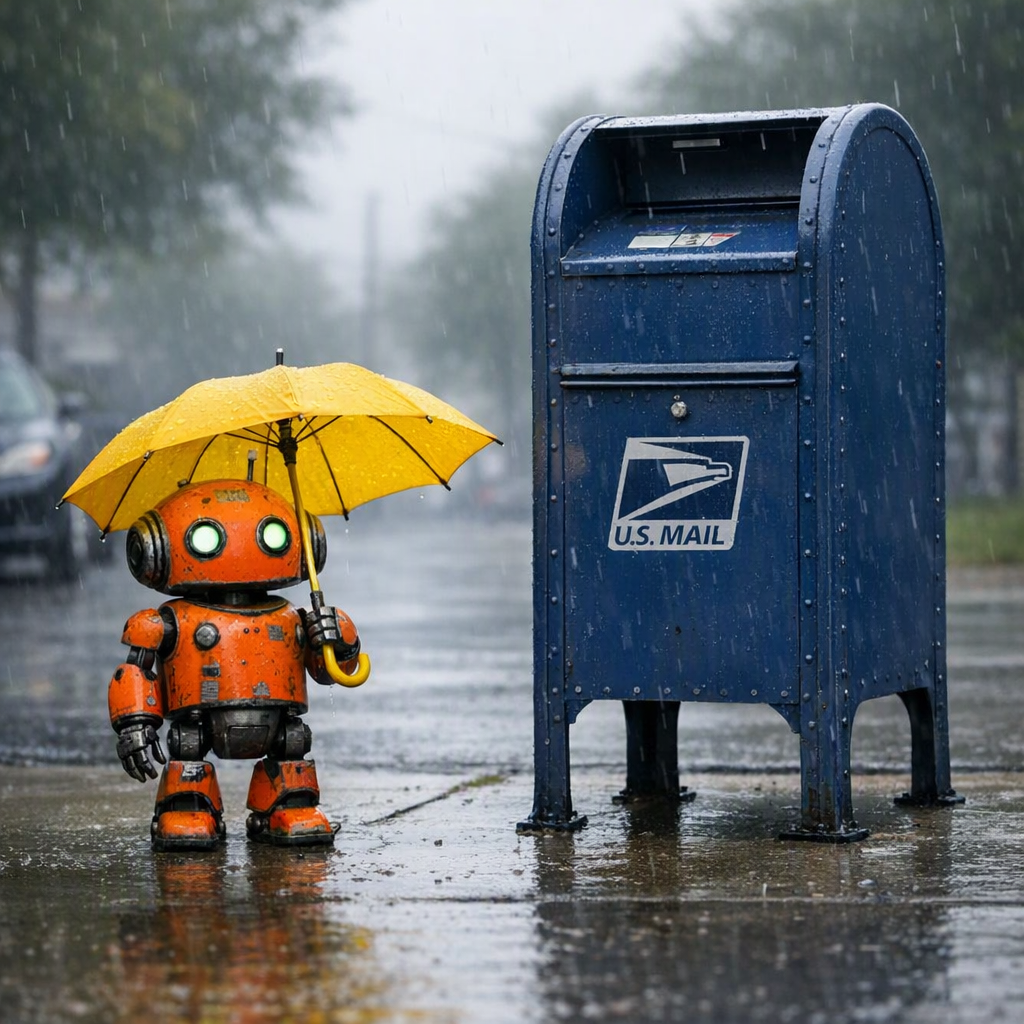 GPT-Image 1.5: A small orange robot holding a yellow umbrella standing to the left of a tall blue mailbox, overcast day, photoreal