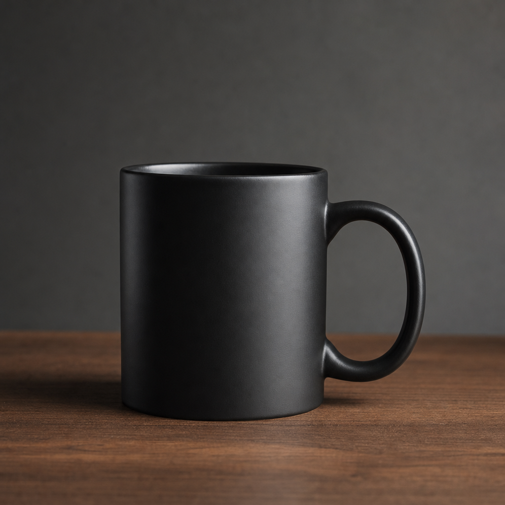 GPT-Image 2: A matte black ceramic coffee mug on a walnut table, single soft light from the left, minimal studio backdrop, product photography