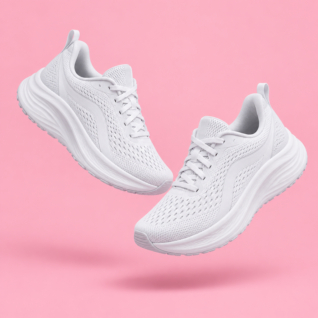 GPT-Image 2: A pair of white running shoes floating mid-air over a pastel pink background, even studio lighting, catalogue shot