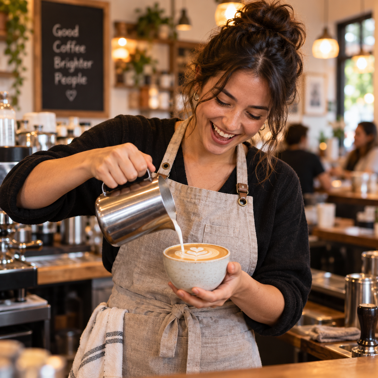 GPT-Image 2: A barista in a linen apron laughing while pouring latte art, warm cafe interior, shallow depth of field, candid editorial style