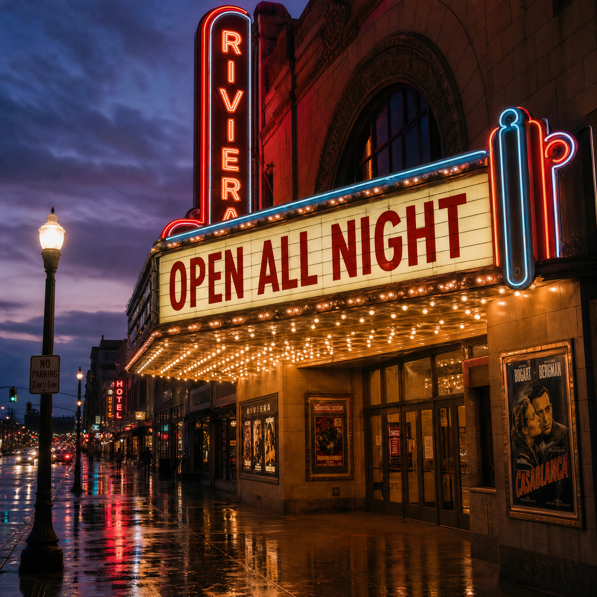 GPT-Image 1.5: A vintage cinema marquee at dusk with the words OPEN ALL NIGHT in bold red letters, neon glow, wet street reflections