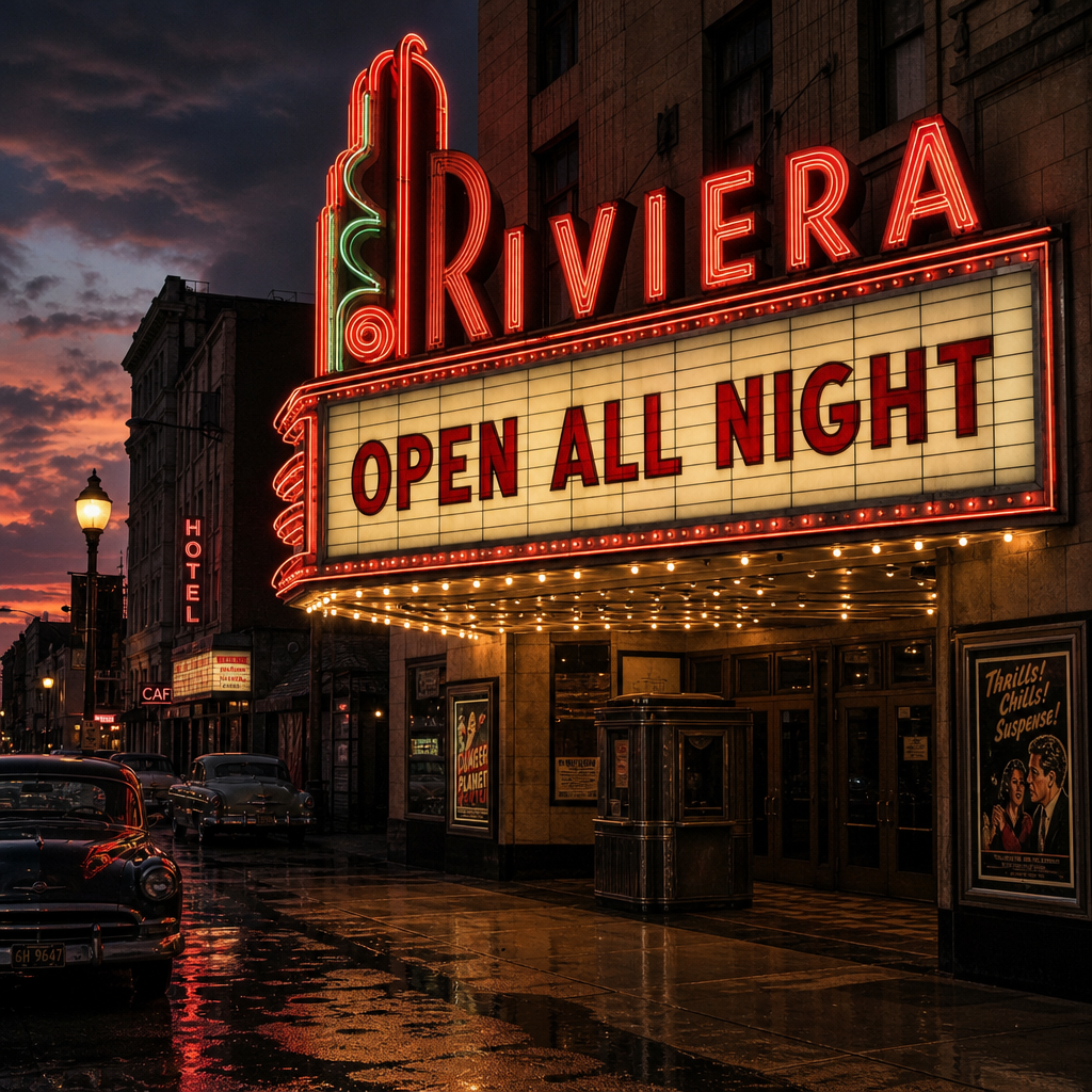GPT-Image 2: A vintage cinema marquee at dusk with the words OPEN ALL NIGHT in bold red letters, neon glow, wet street reflections