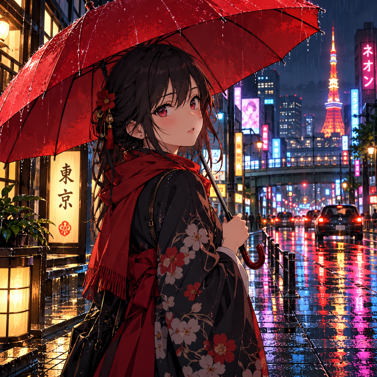 GPT-Image 2: Anime-style illustration of a young woman with a red umbrella standing on a rainy city street at night, cel shading, vibrant neon reflections
