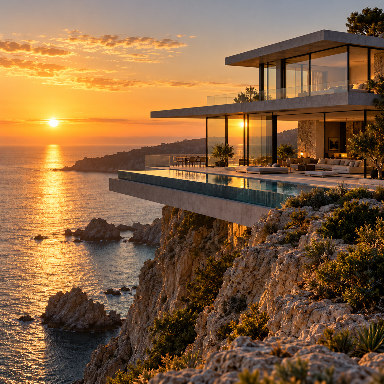 GPT-Image 2: A modern glass house on a cliff at golden hour, long shadows, calm ocean below, architectural photography