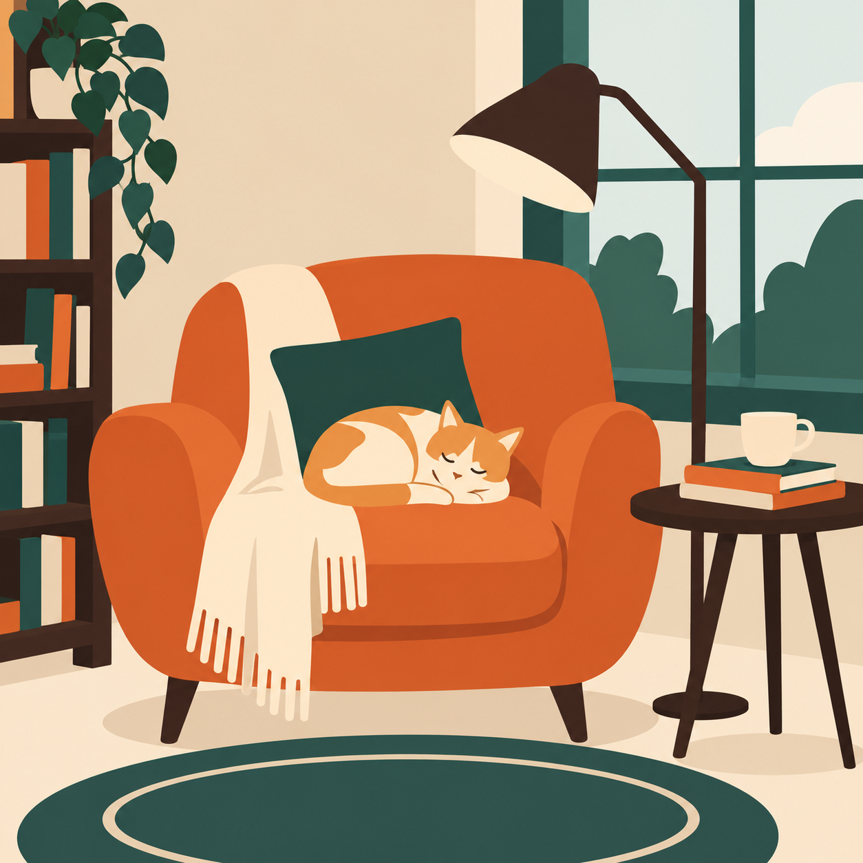 GPT-Image 2: Flat vector illustration of a cosy reading nook with a cat asleep on an armchair, limited palette of four colours, clean geometric shapes