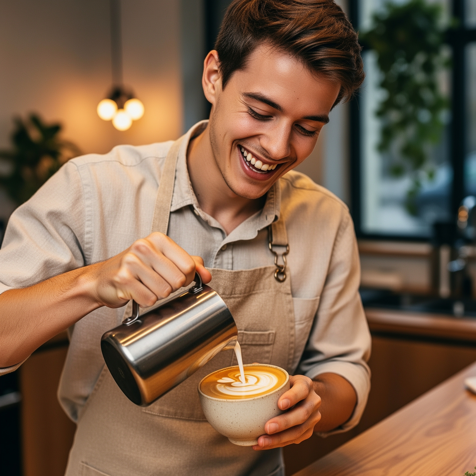 FLUX.2: A barista in a linen apron laughing while pouring latte art, warm cafe interior, shallow depth of field, candid editorial style