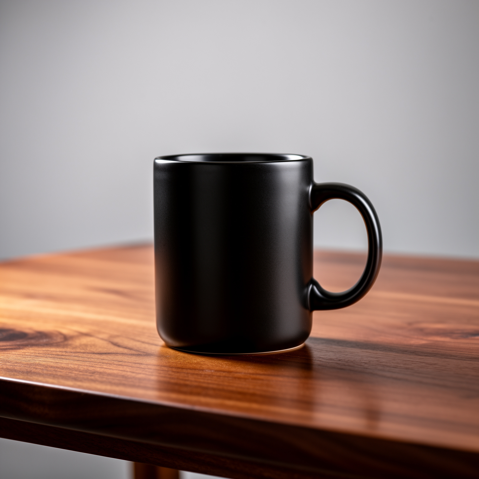 FLUX.2: A matte black ceramic coffee mug on a walnut table, single soft light from the left, minimal studio backdrop, product photography