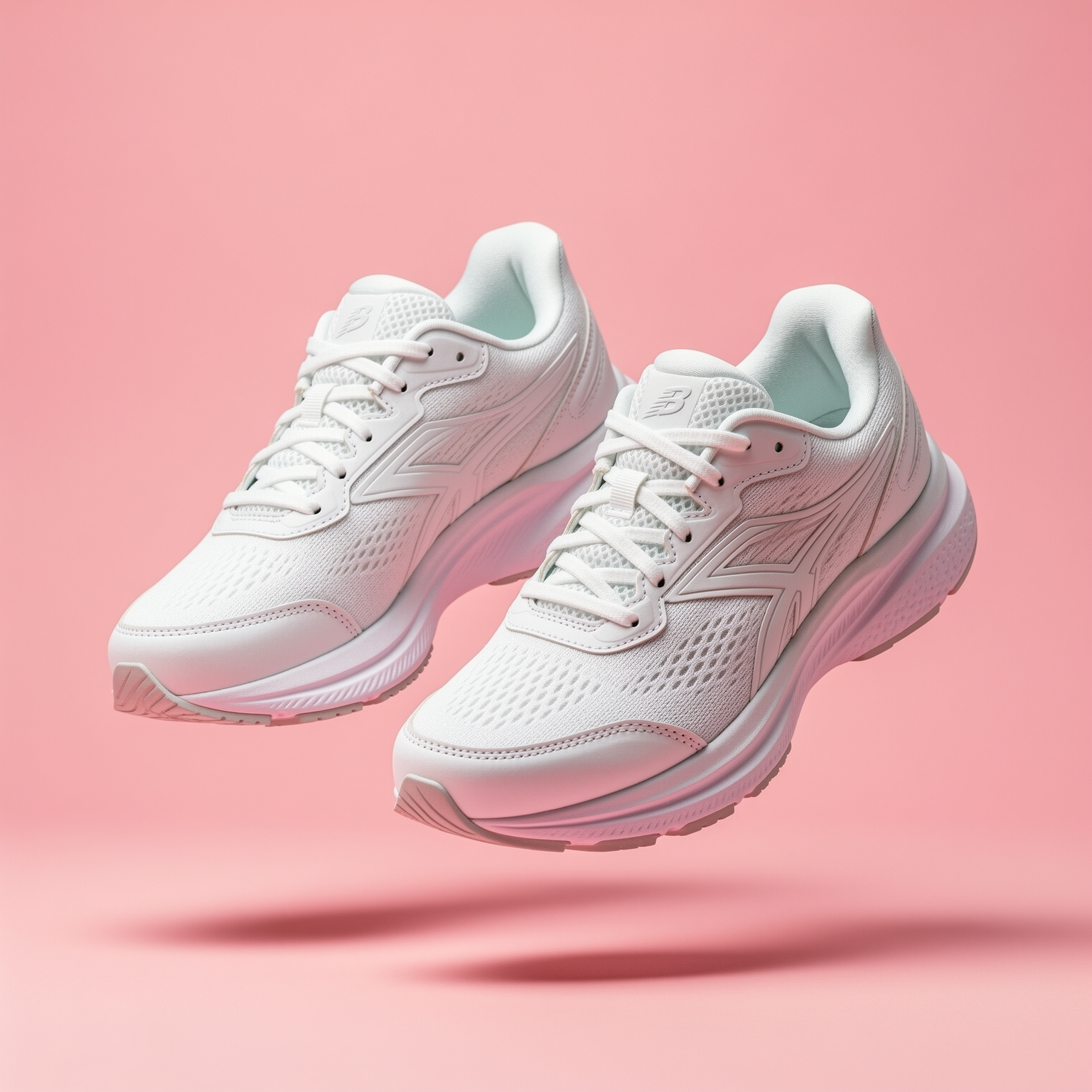 FLUX.2: A pair of white running shoes floating mid-air over a pastel pink background, even studio lighting, catalogue shot