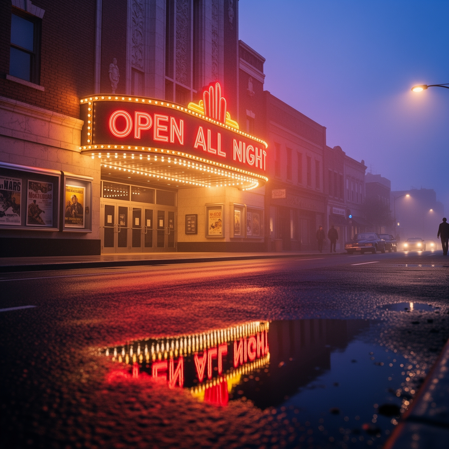 FLUX.2: A vintage cinema marquee at dusk with the words OPEN ALL NIGHT in bold red letters, neon glow, wet street reflections