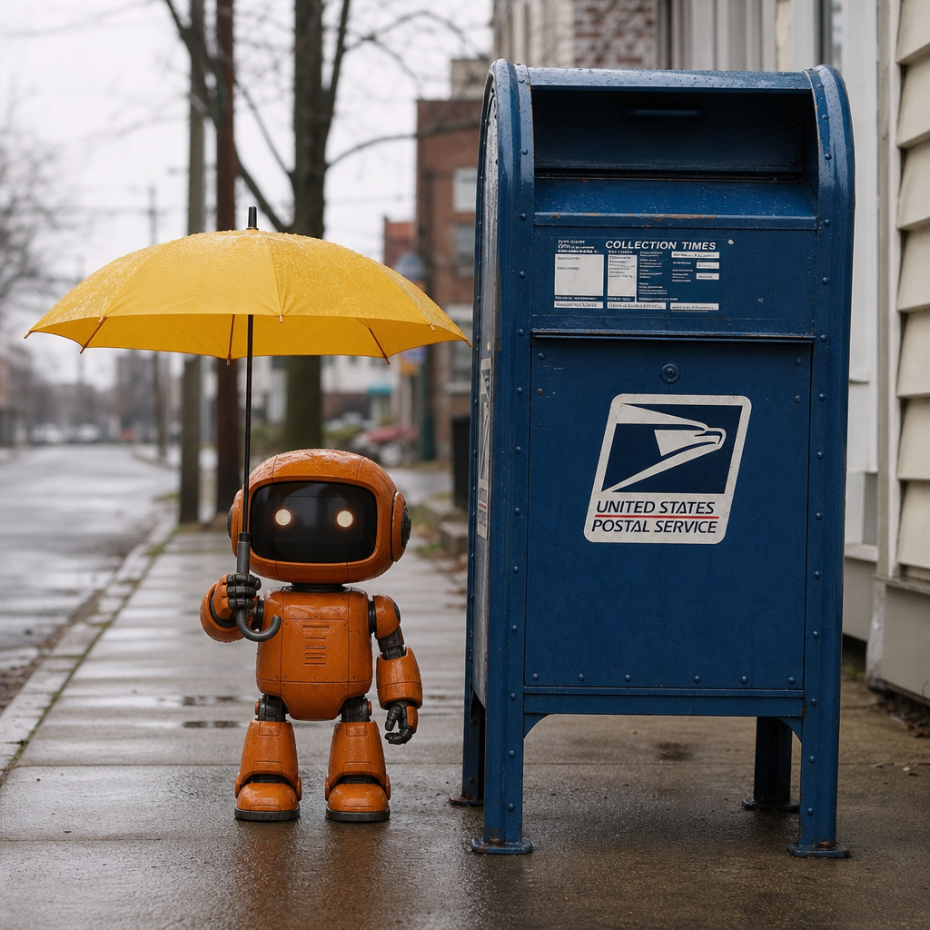 GPT-Image 2: A small orange robot holding a yellow umbrella standing to the left of a tall blue mailbox, overcast day, photoreal