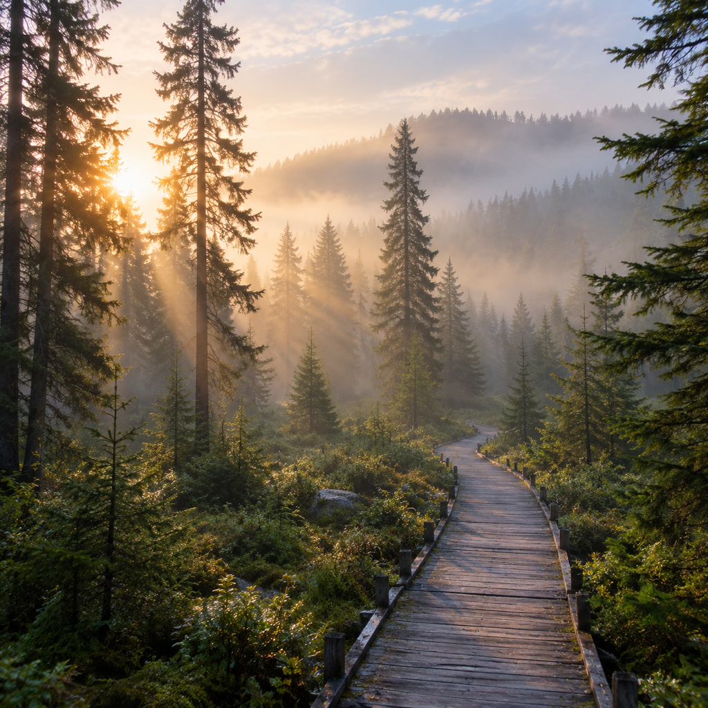GPT-Image 2: Misty pine forest at dawn with rays of light through the trees and a narrow wooden boardwalk, wide angle