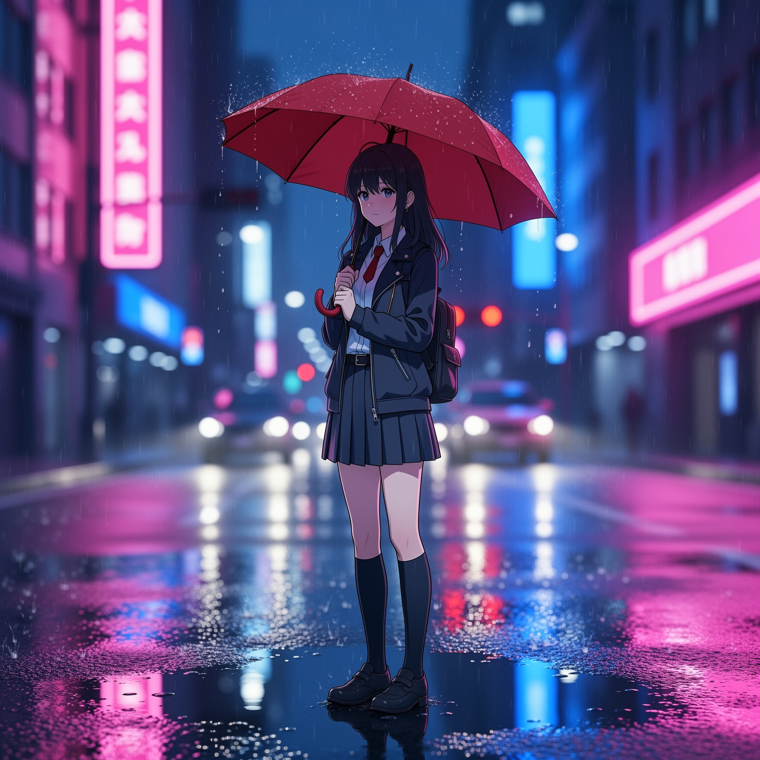 FLUX.2: Anime-style illustration of a young woman with a red umbrella standing on a rainy city street at night, cel shading, vibrant neon reflections