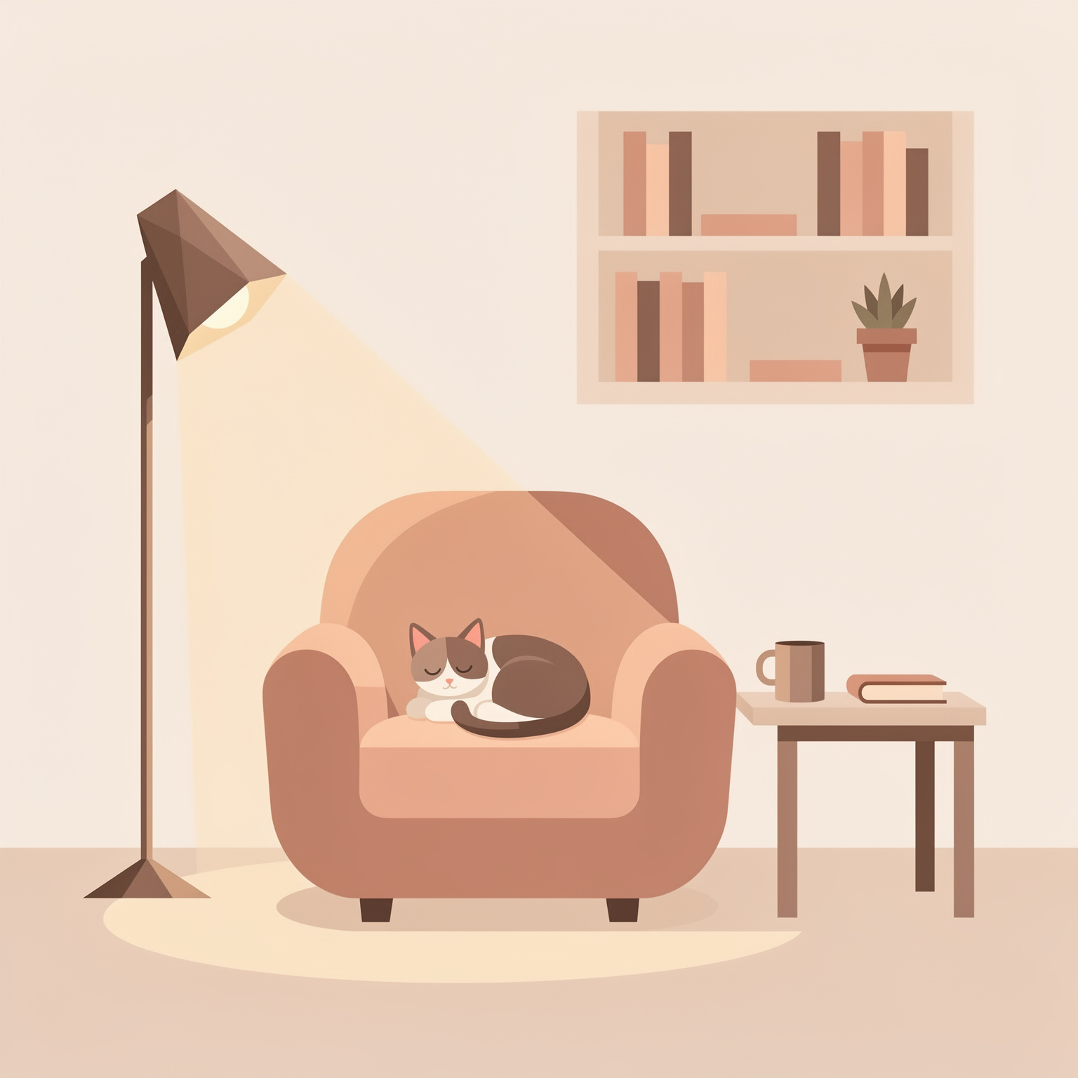 FLUX.2: Flat vector illustration of a cosy reading nook with a cat asleep on an armchair, limited palette of four colours, clean geometric shapes