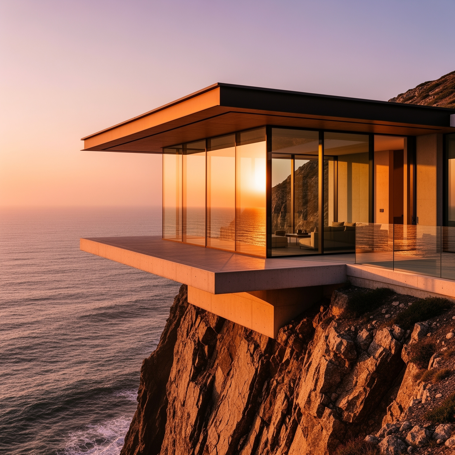 FLUX.2: A modern glass house on a cliff at golden hour, long shadows, calm ocean below, architectural photography